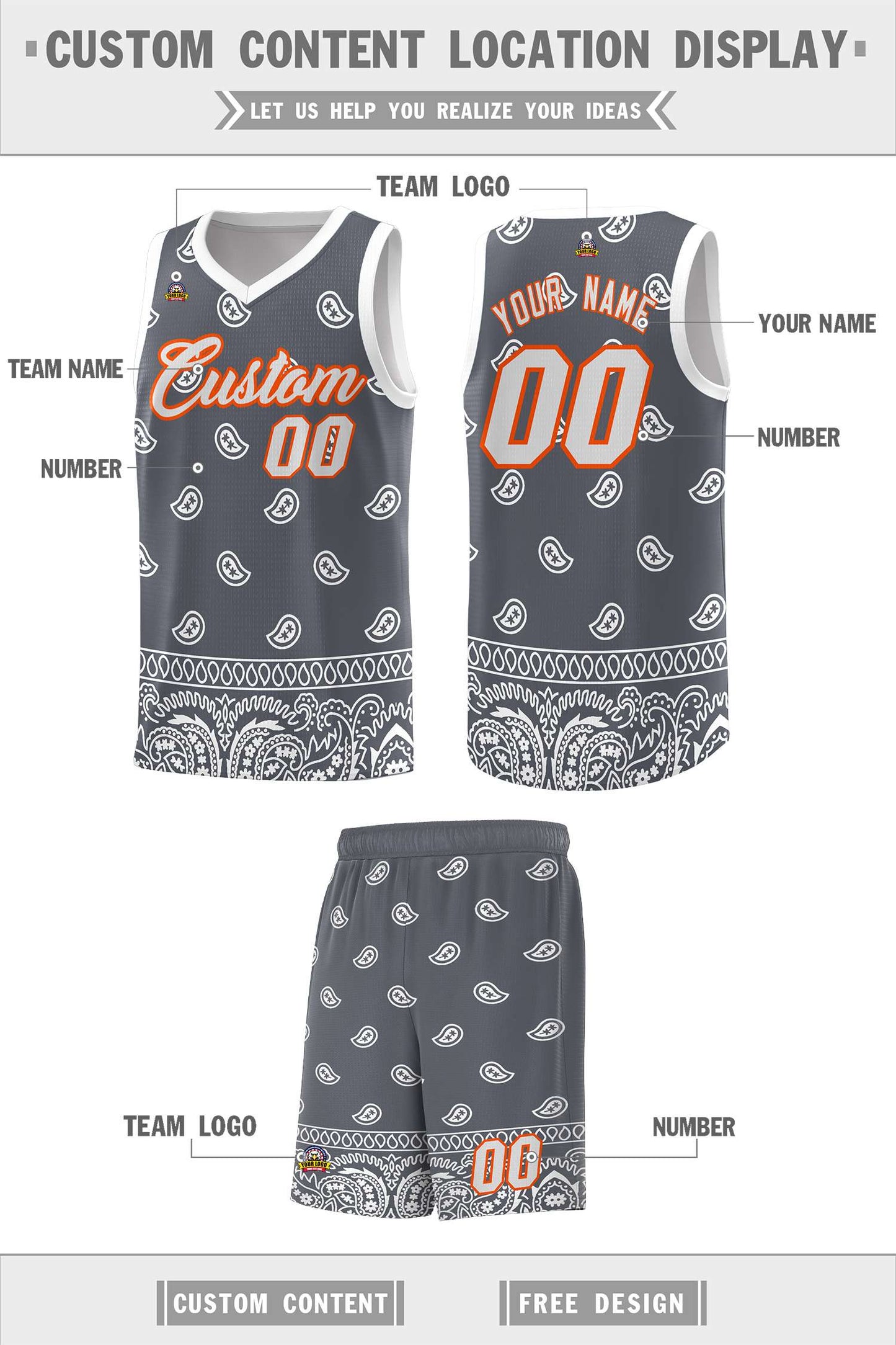 Custom Dark Gray White Personalized Cashew Pattern Sports Uniform Basketball Jersey Limited