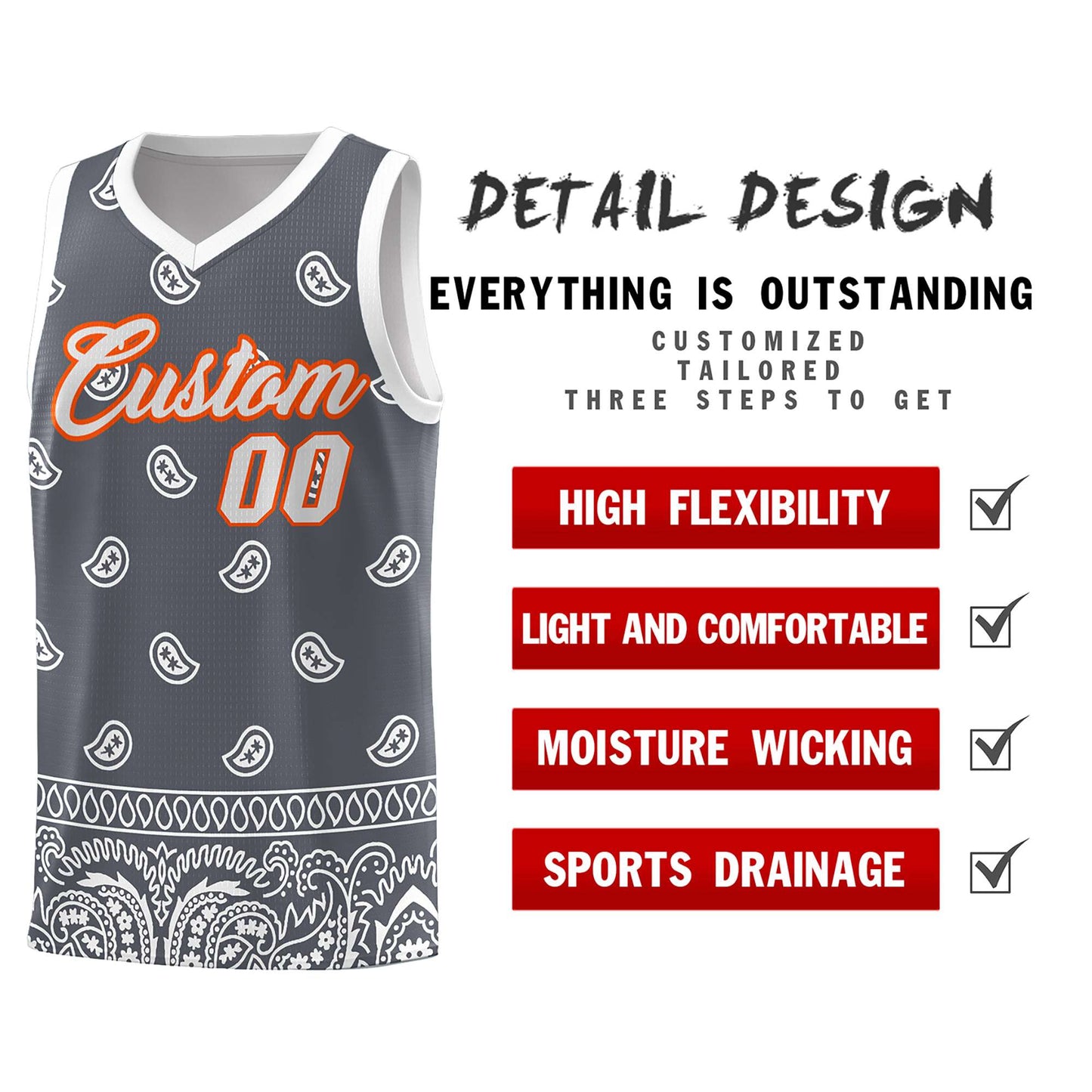 Custom Dark Gray White Personalized Cashew Pattern Sports Uniform Basketball Jersey Limited