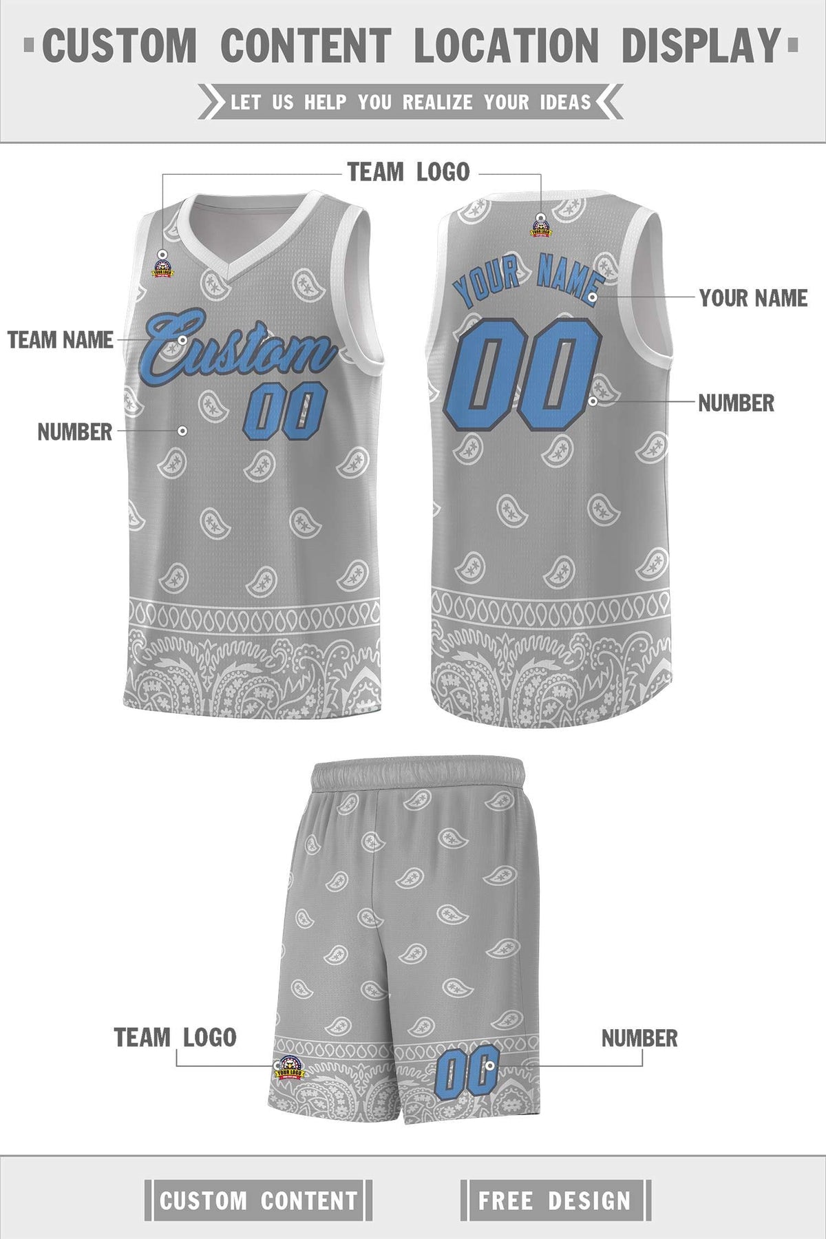 Custom Gray Light Gray Personalized Cashew Pattern Sports Uniform Basketball Jersey Limited