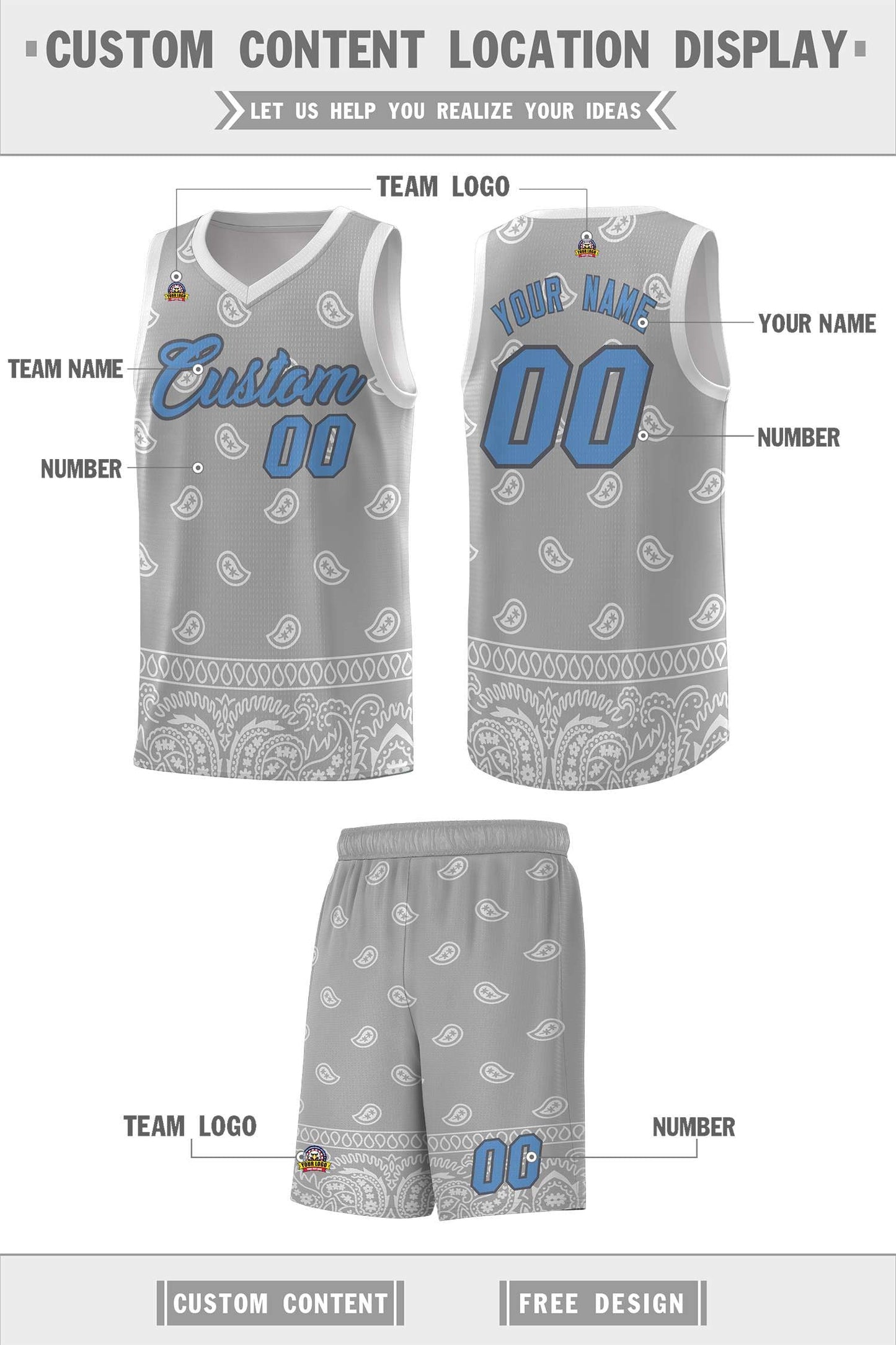 Custom Gray Light Gray Personalized Cashew Pattern Sports Uniform Basketball Jersey Limited