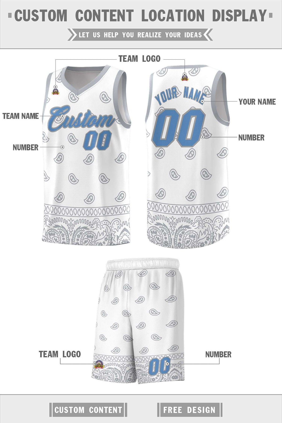 Custom White Gray Personalized Cashew Pattern Sports Uniform Basketball Jersey Limited