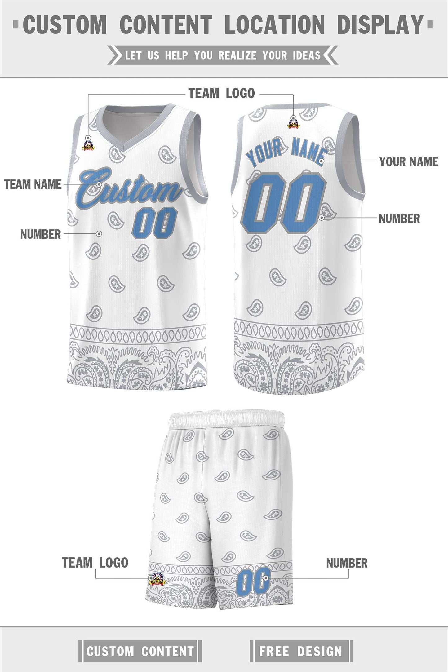 Custom White Gray Personalized Cashew Pattern Sports Uniform Basketball Jersey Limited