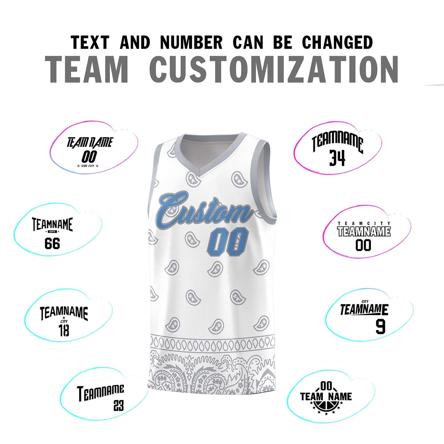 Custom White Gray Personalized Cashew Pattern Sports Uniform Basketball Jersey Limited