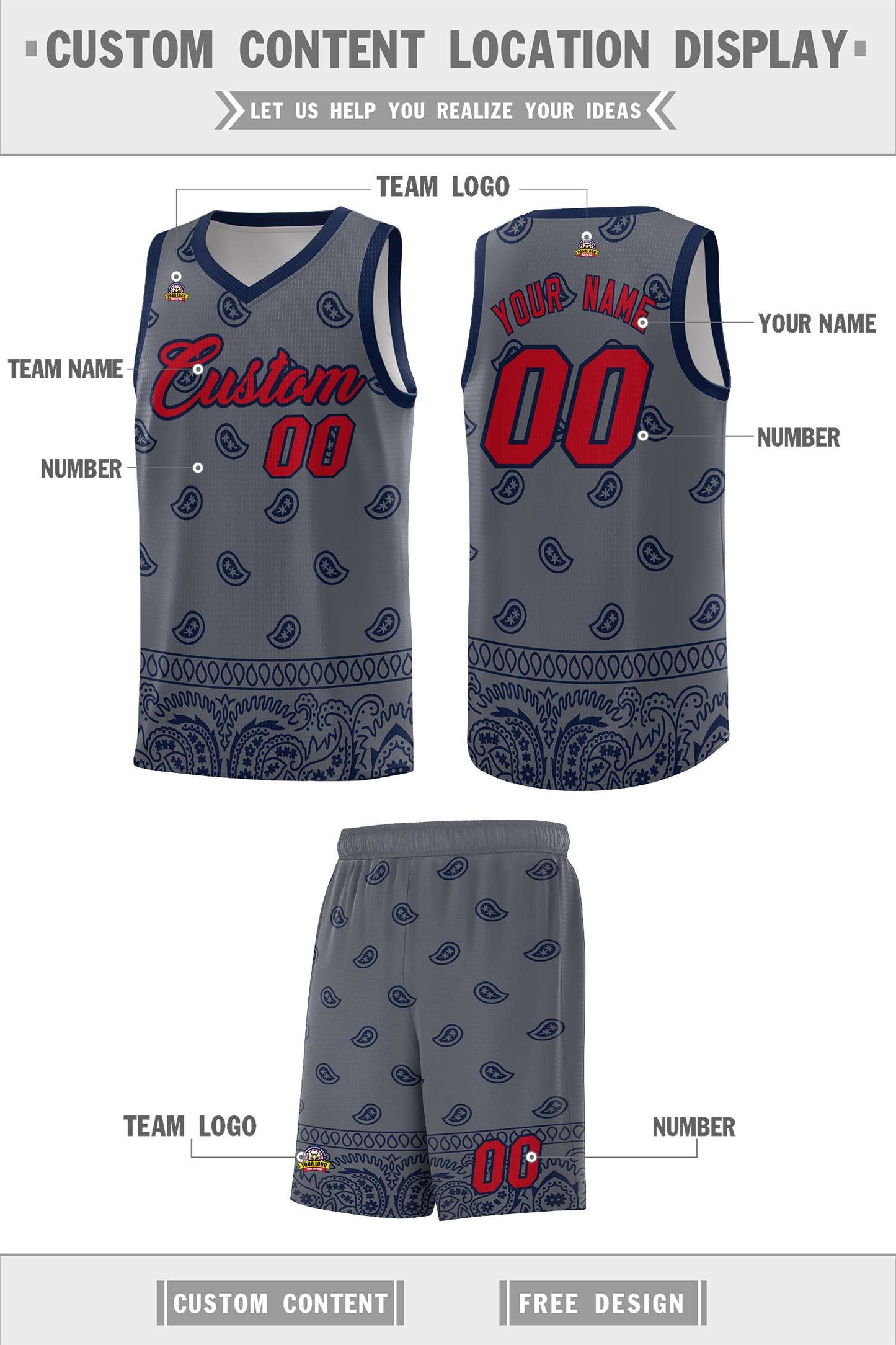 Custom Dark Gray Navy Personalized Cashew Pattern Sports Uniform Basketball Jersey Limited