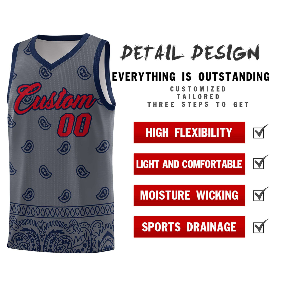Custom Dark Gray Navy Personalized Cashew Pattern Sports Uniform Basketball Jersey Limited