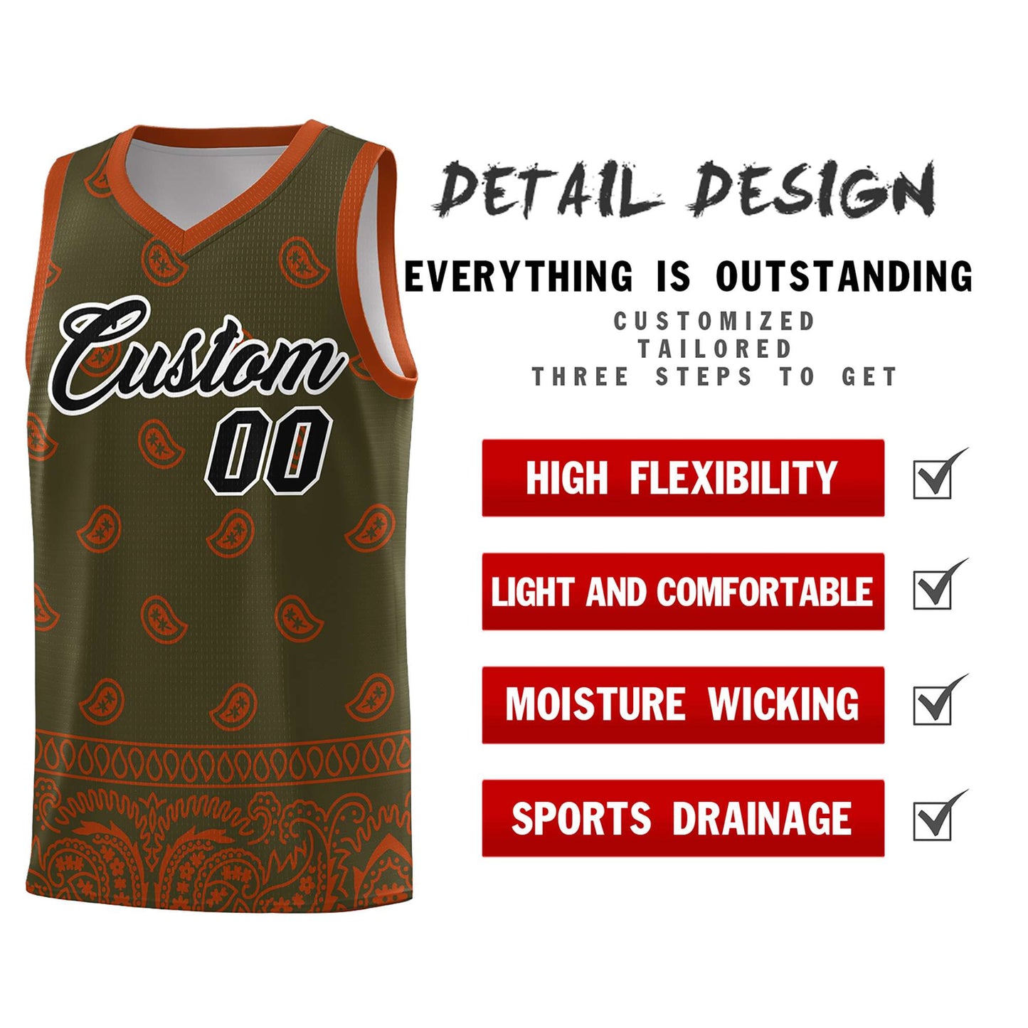 Custom Olive Texas Orange Personalized Cashew Pattern Sports Uniform Basketball Jersey Limited