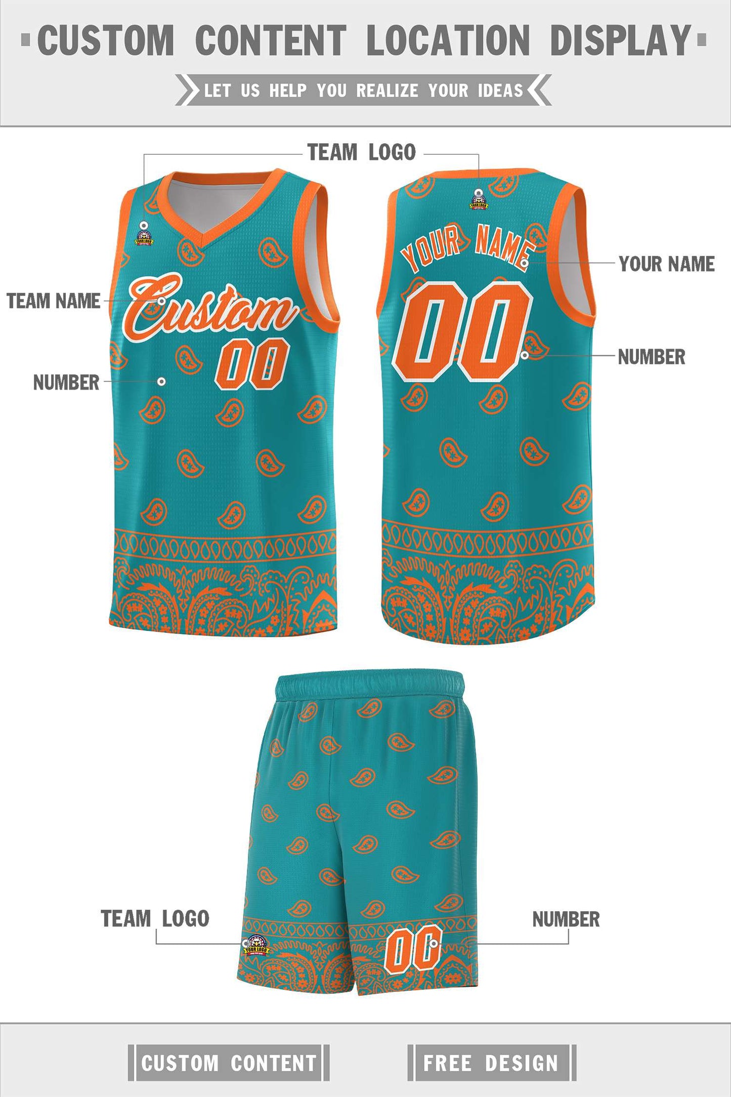 Custom Aqua Orange Personalized Cashew Pattern Sports Uniform Basketball Jersey Limited