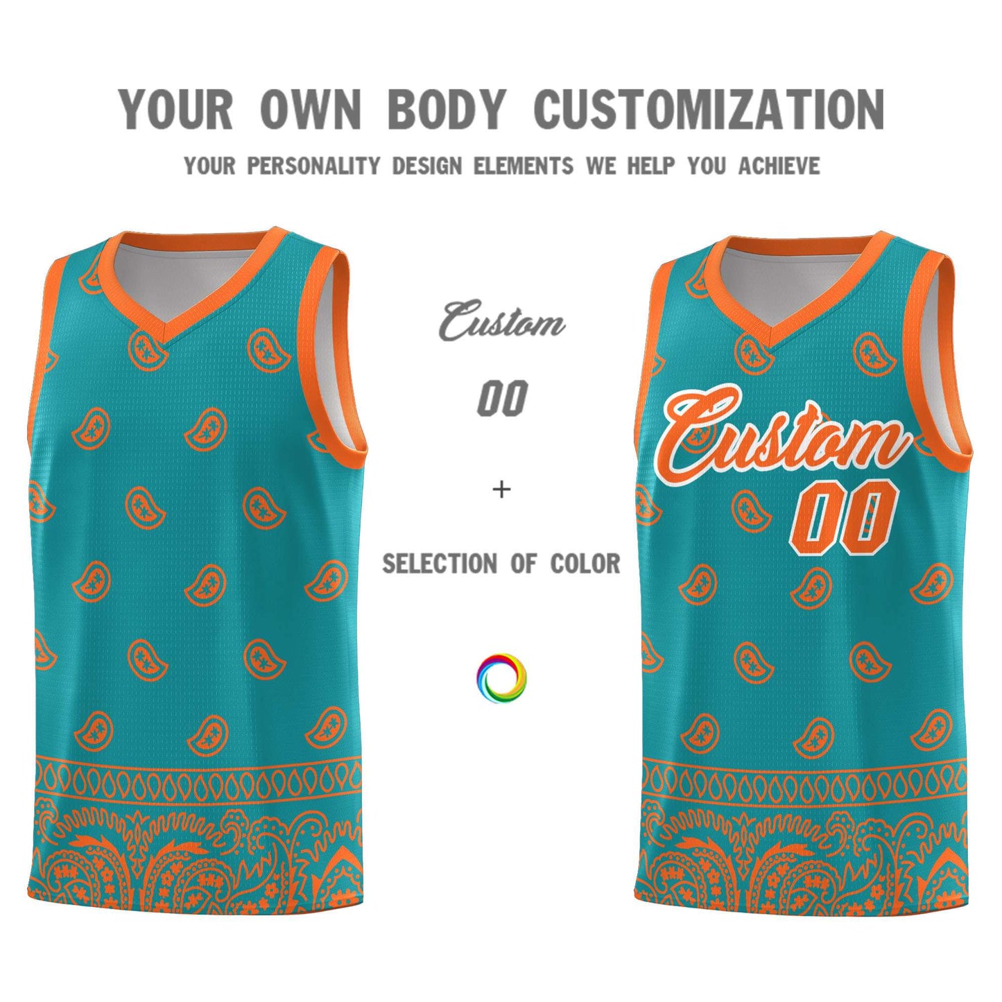 Custom Aqua Orange Personalized Cashew Pattern Sports Uniform Basketball Jersey Limited