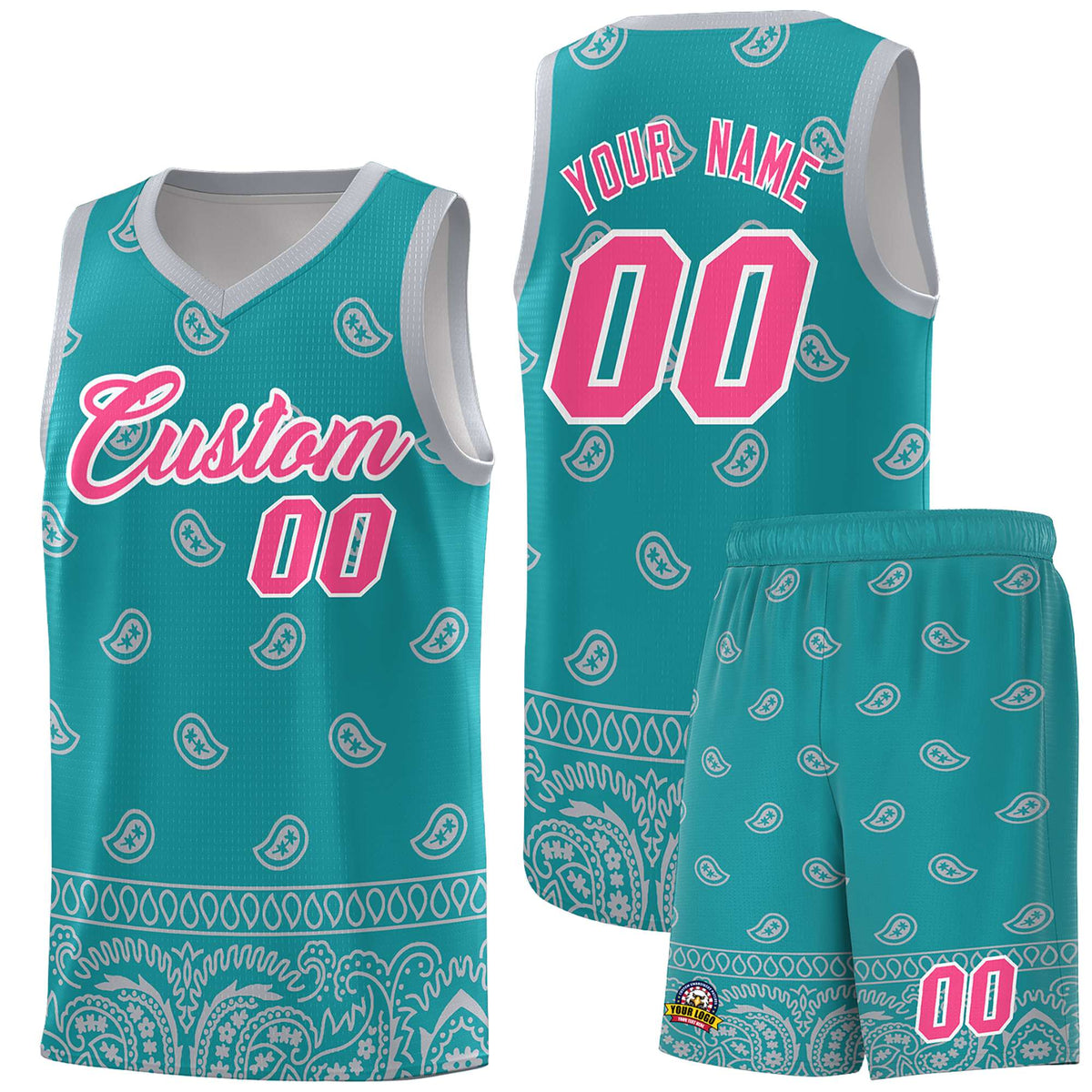 Custom Aqua Gray Personalized Cashew Pattern Sports Uniform Basketball Jersey