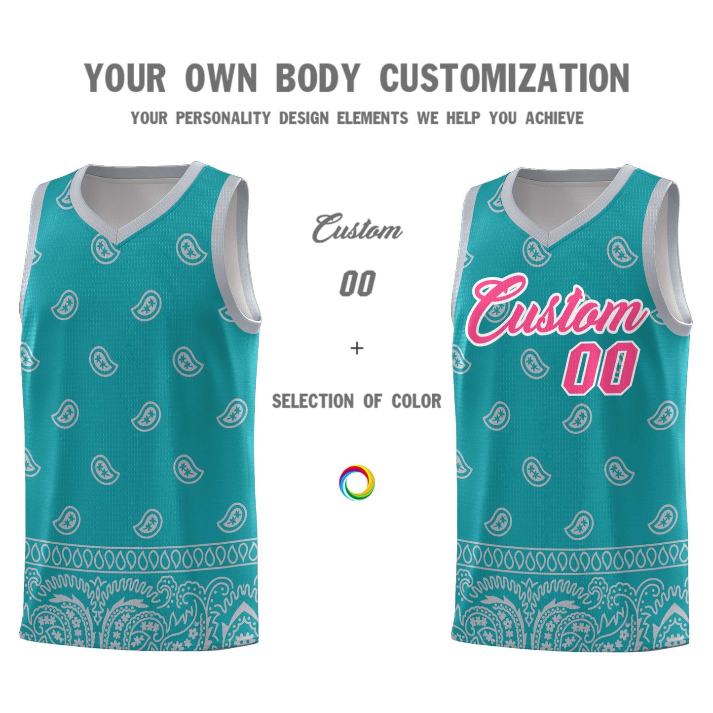 Custom Aqua Gray Personalized Cashew Pattern Sports Uniform Basketball Jersey Limited
