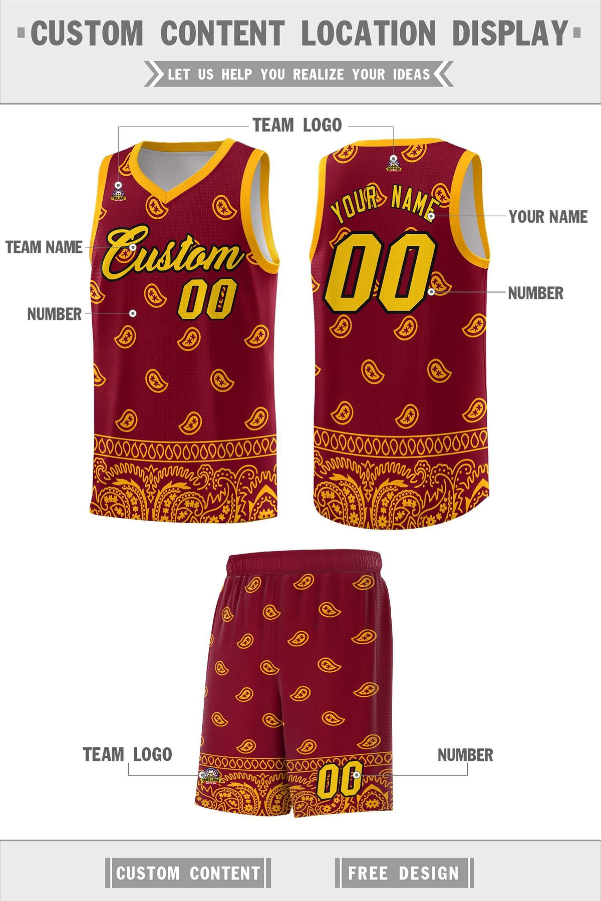 Custom Crimson Yellow Personalized Cashew Pattern Sports Uniform Basketball Jersey Limited