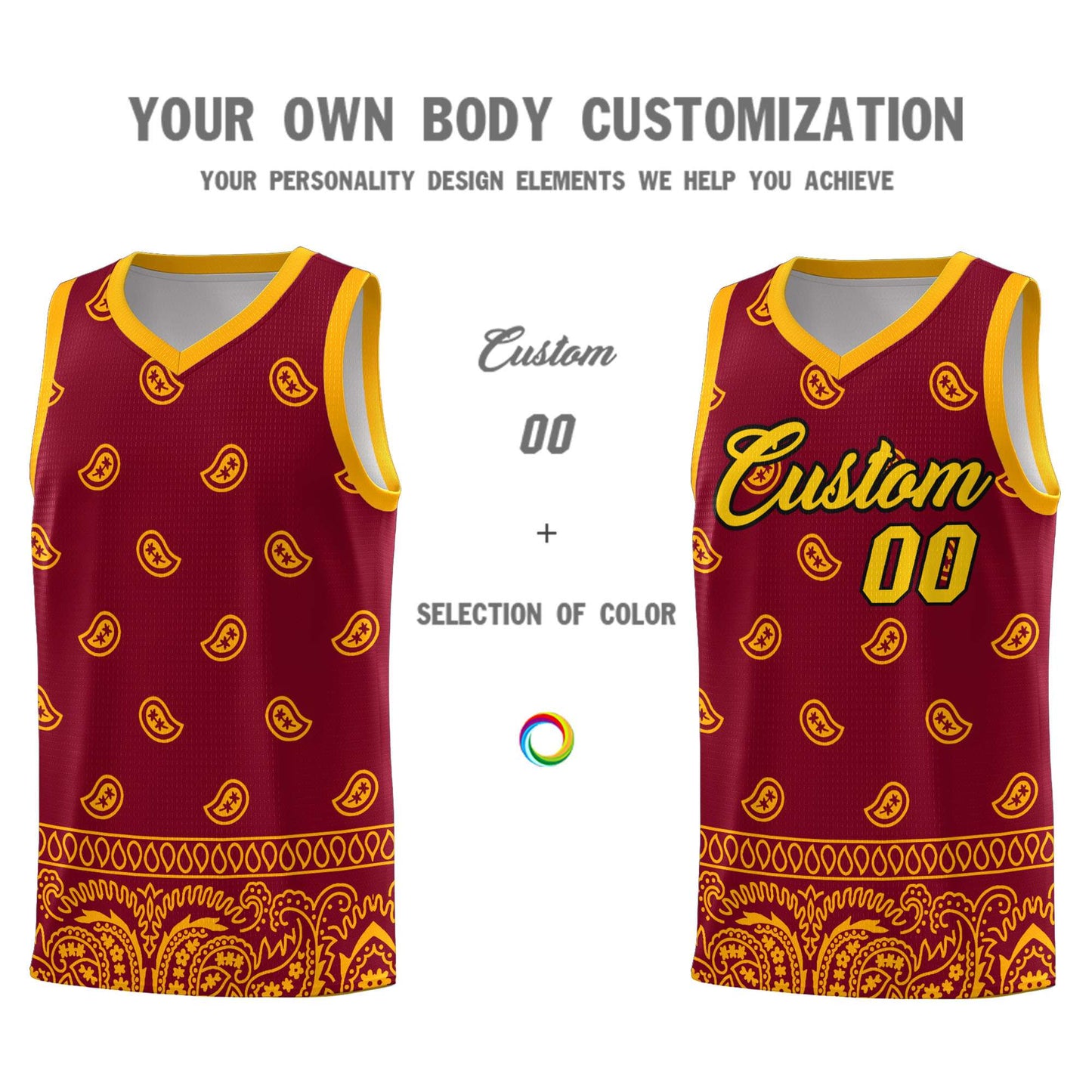 Custom Crimson Yellow Personalized Cashew Pattern Sports Uniform Basketball Jersey Limited