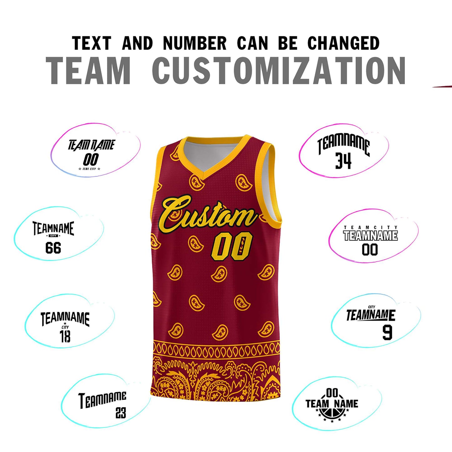 Custom Crimson Yellow Personalized Cashew Pattern Sports Uniform Basketball Jersey Limited