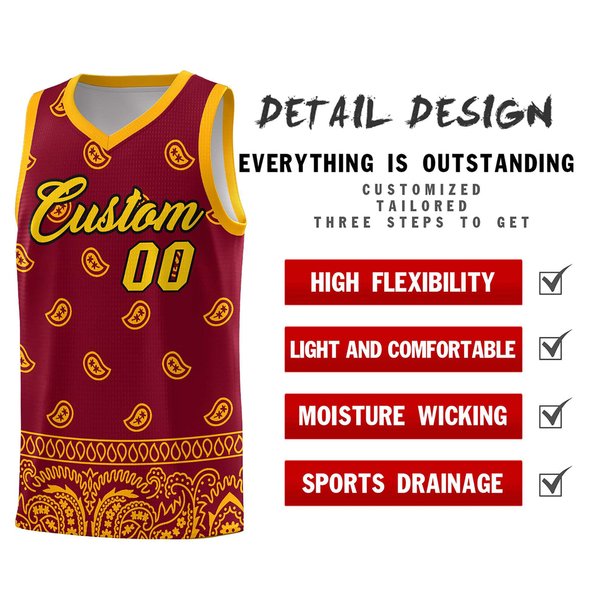 Custom Crimson Yellow Personalized Cashew Pattern Sports Uniform Basketball Jersey Limited