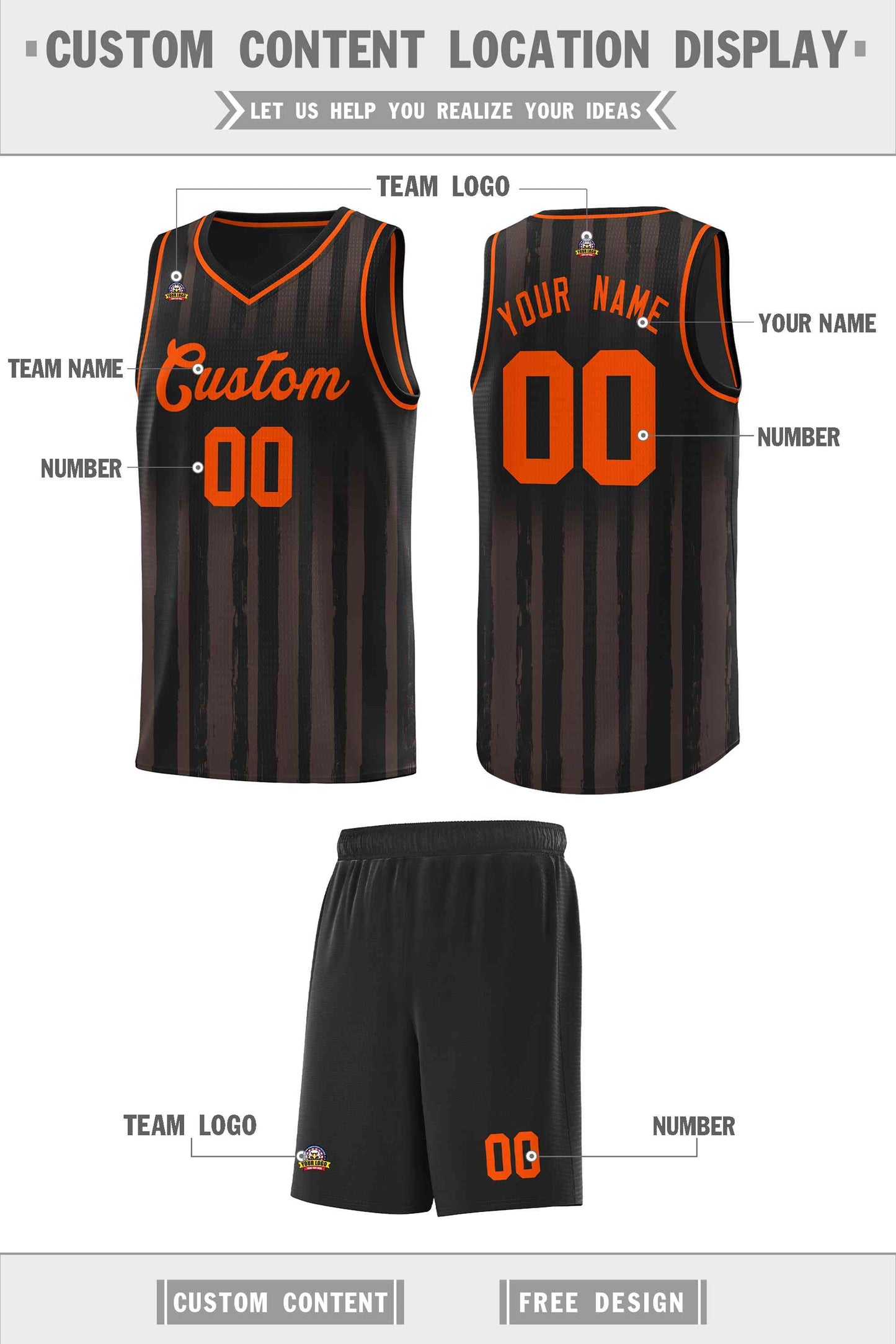 Custom Black Orange Vertical Striped Pattern Sports Uniform Basketball Jersey Limited