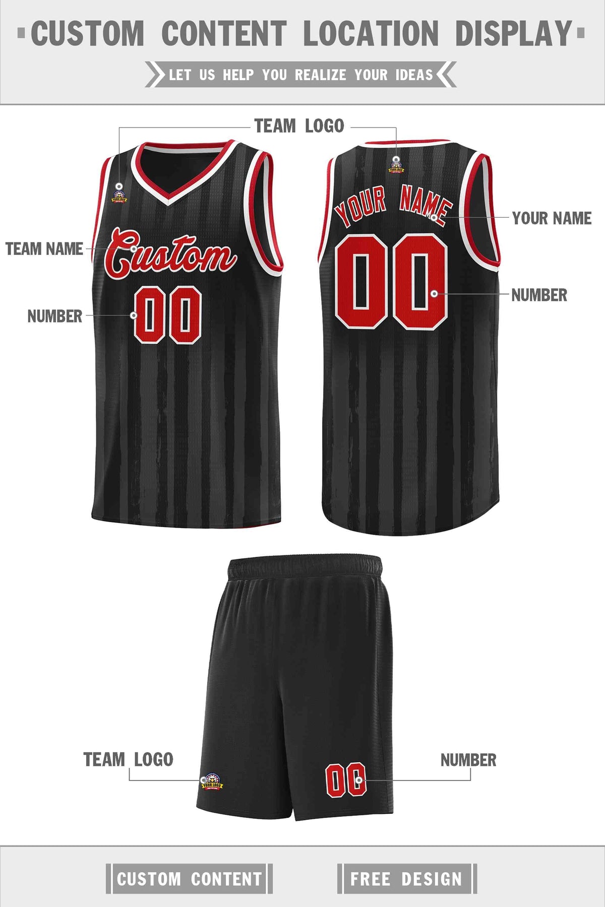 Custom Black Red Vertical Striped Pattern Sports Uniform Basketball Jersey Limited