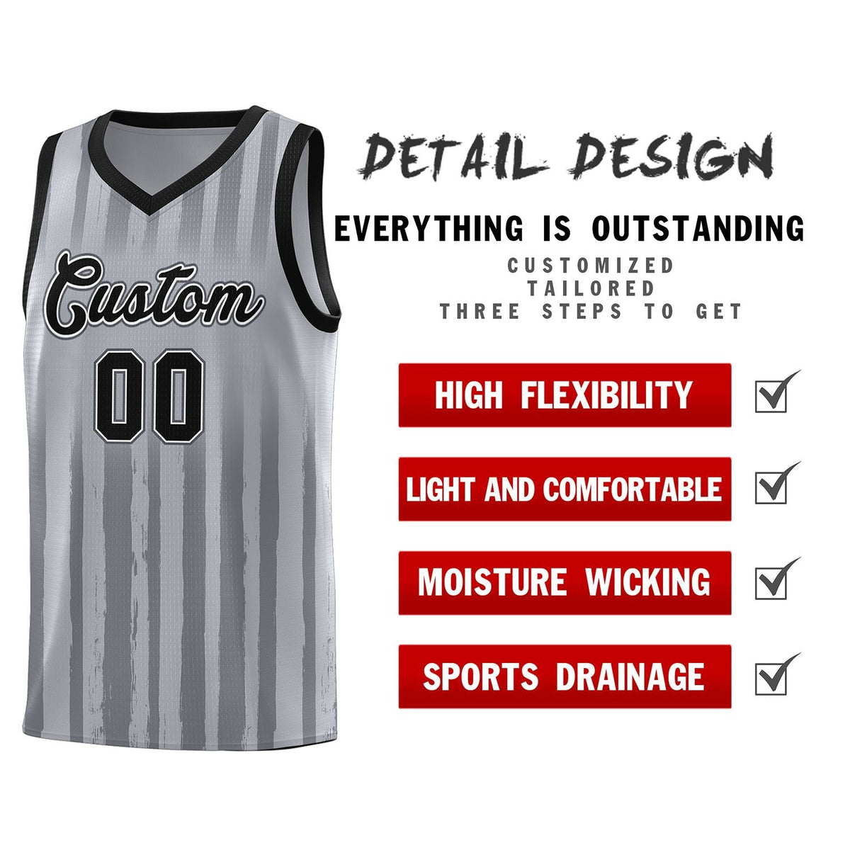 Custom Gray Black Vertical Striped Pattern Sports Uniform Basketball Jersey Limited