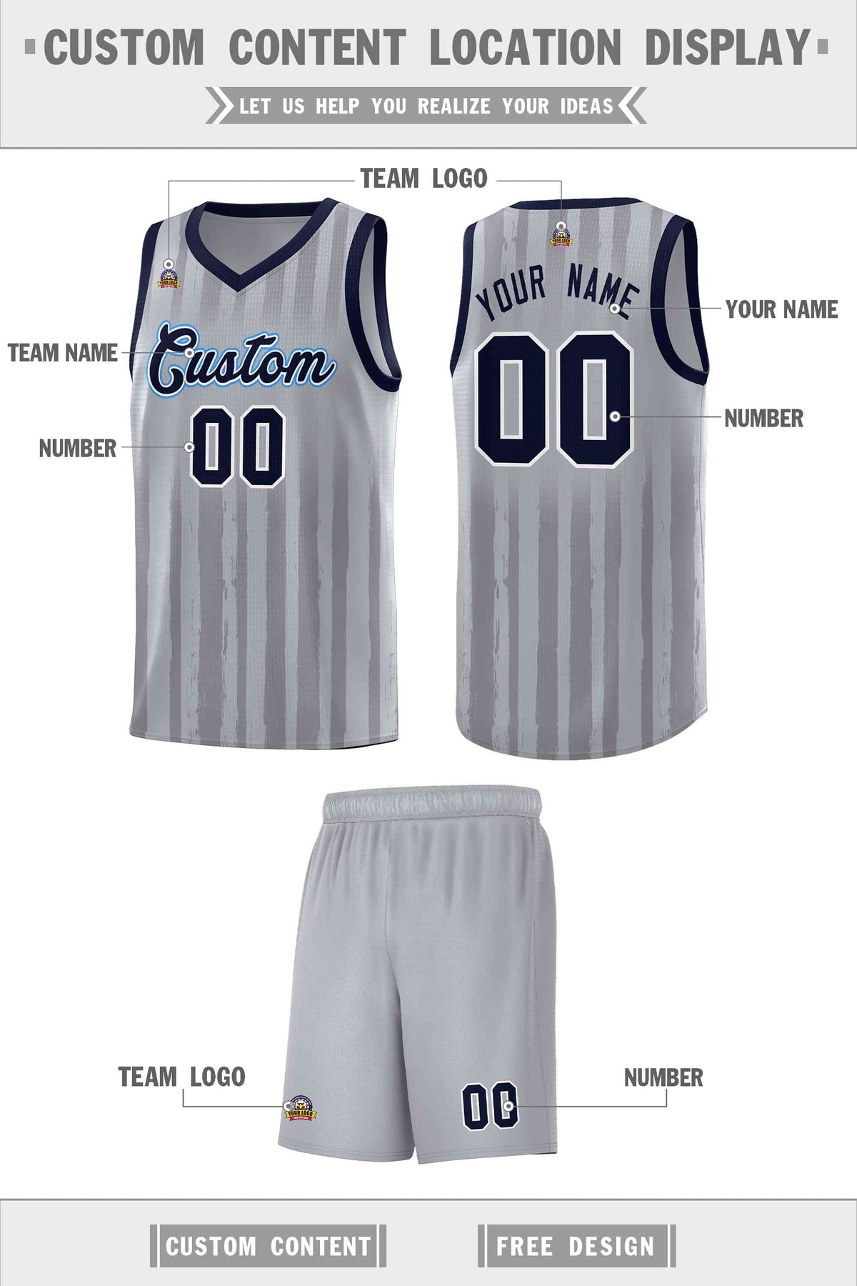 Custom Gray Navy Vertical Striped Pattern Sports Uniform Basketball Jersey Limited