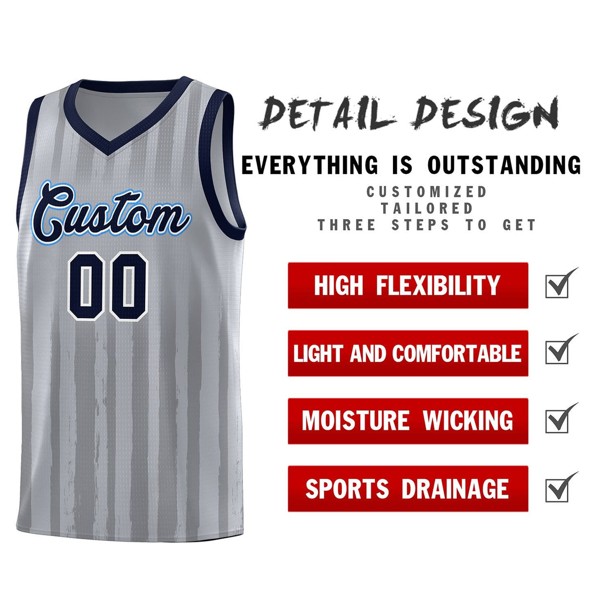 Custom Gray Navy Vertical Striped Pattern Sports Uniform Basketball Jersey Limited