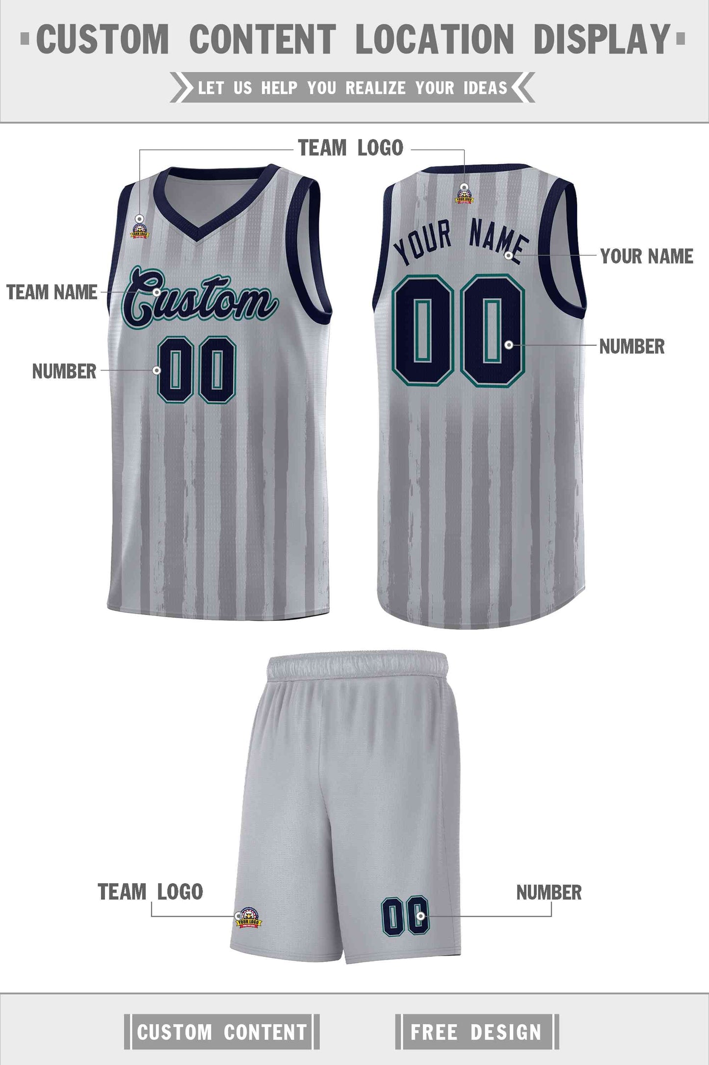 Custom Gray Navy Vertical Striped Pattern Sports Uniform Basketball Jersey Limited