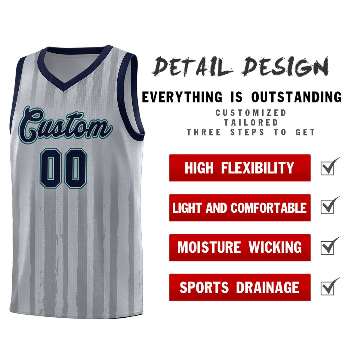 Custom Gray Navy Vertical Striped Pattern Sports Uniform Basketball Jersey Limited