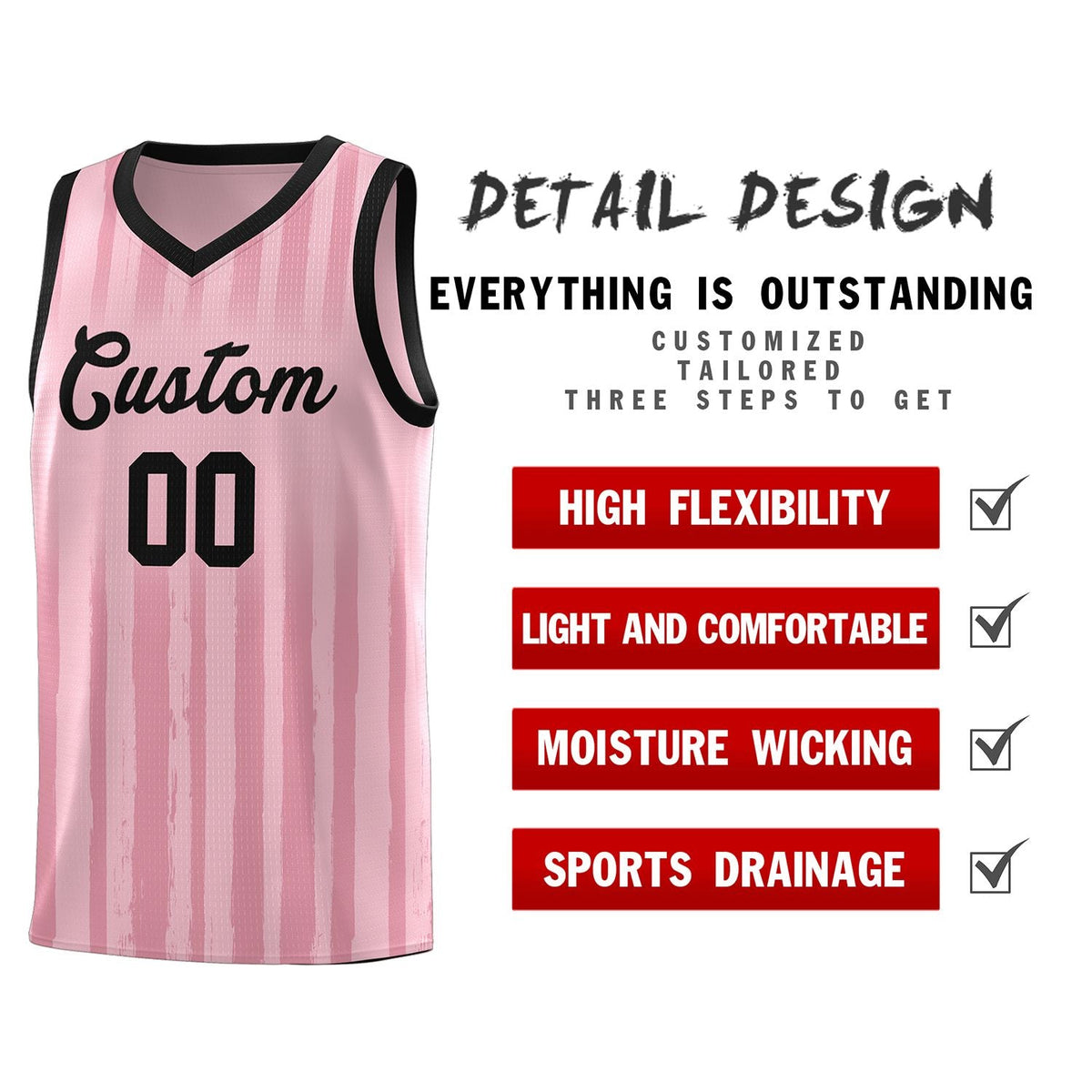 Custom Light Pink Black Vertical Striped Pattern Sports Uniform Basketball Jersey Limited