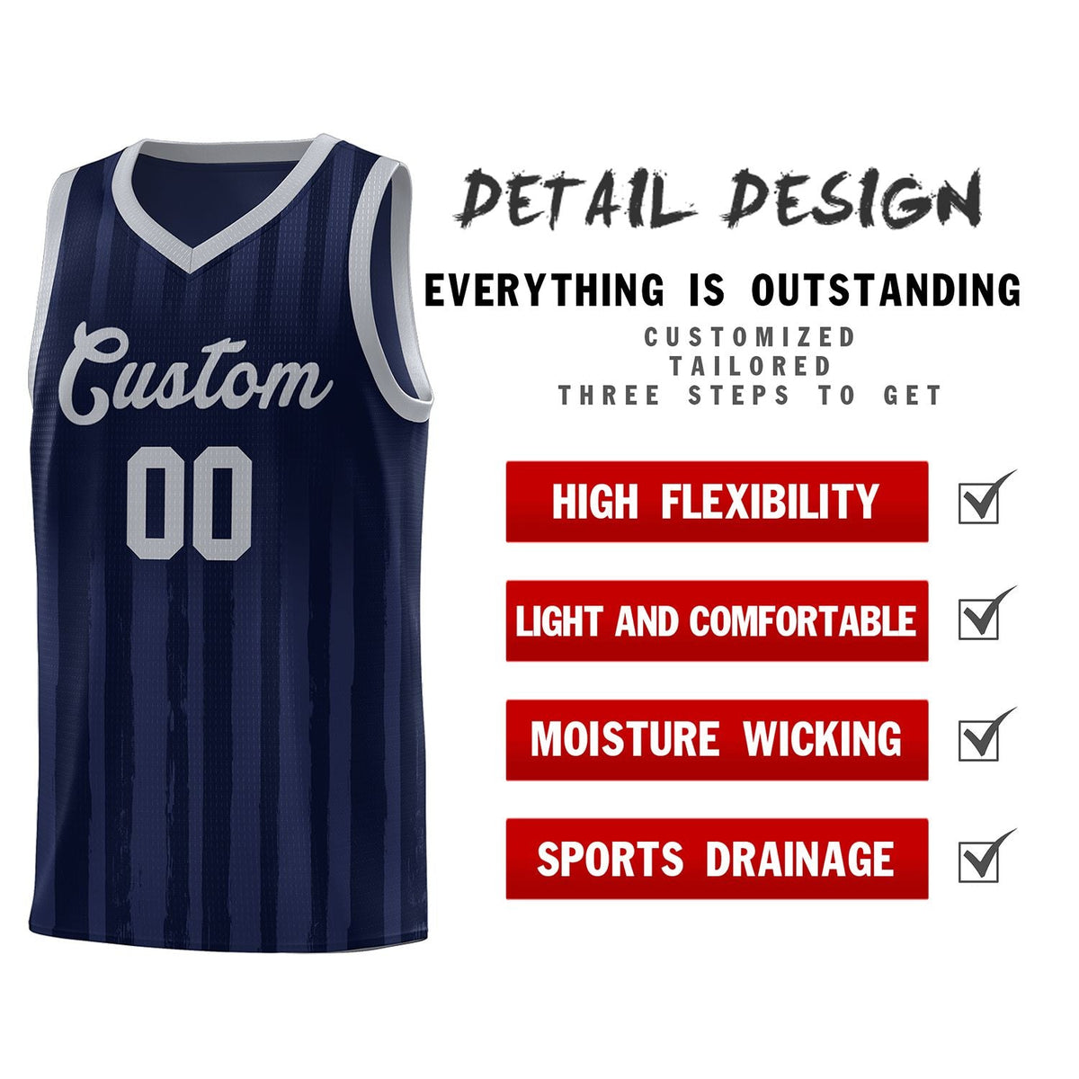 Custom Navy Gray Vertical Striped Pattern Sports Uniform Basketball Jersey Limited