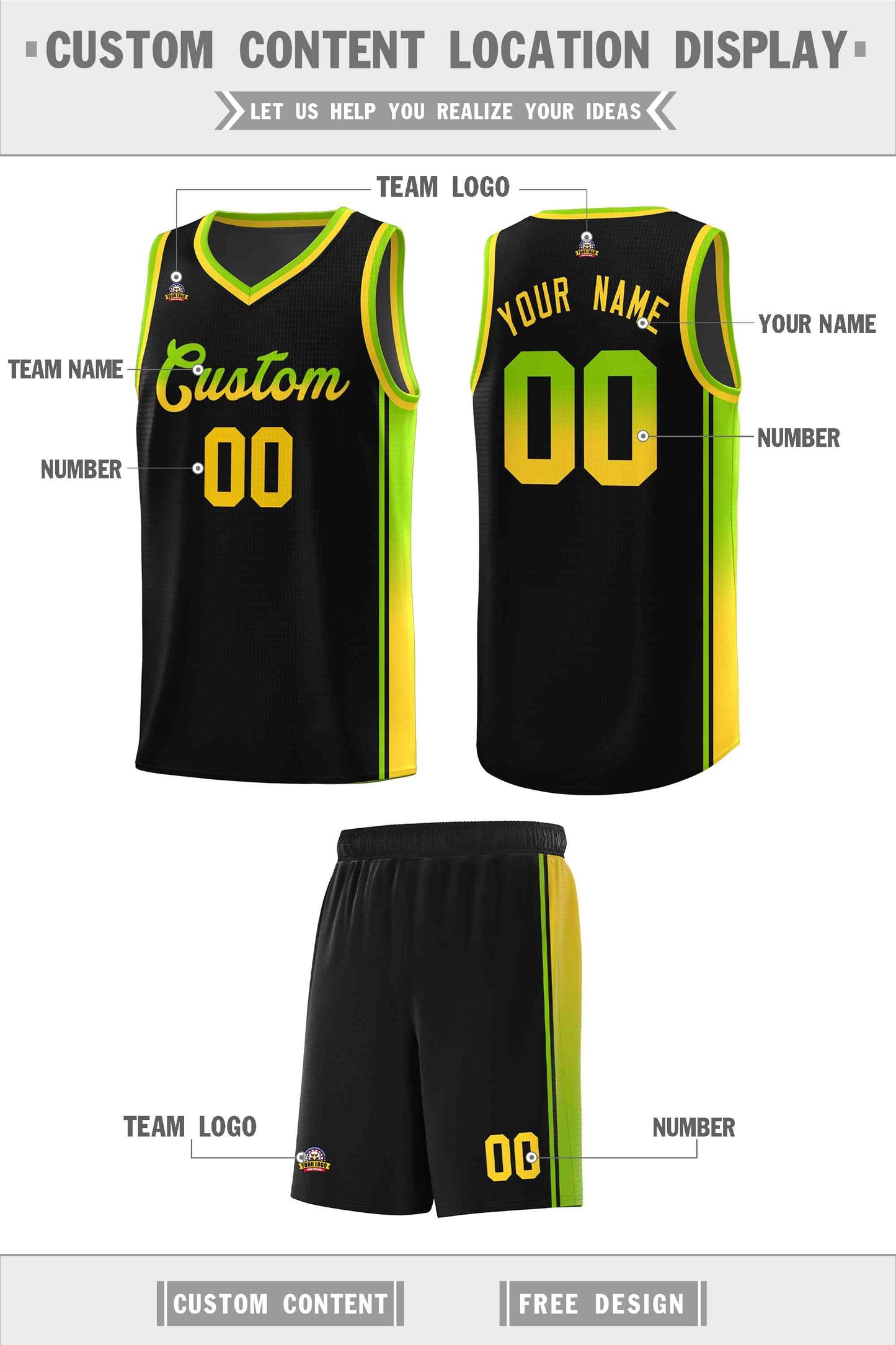 Custom Black Neon Green-Gold Gradient Fashion Sports Uniform Basketball Jersey Limited