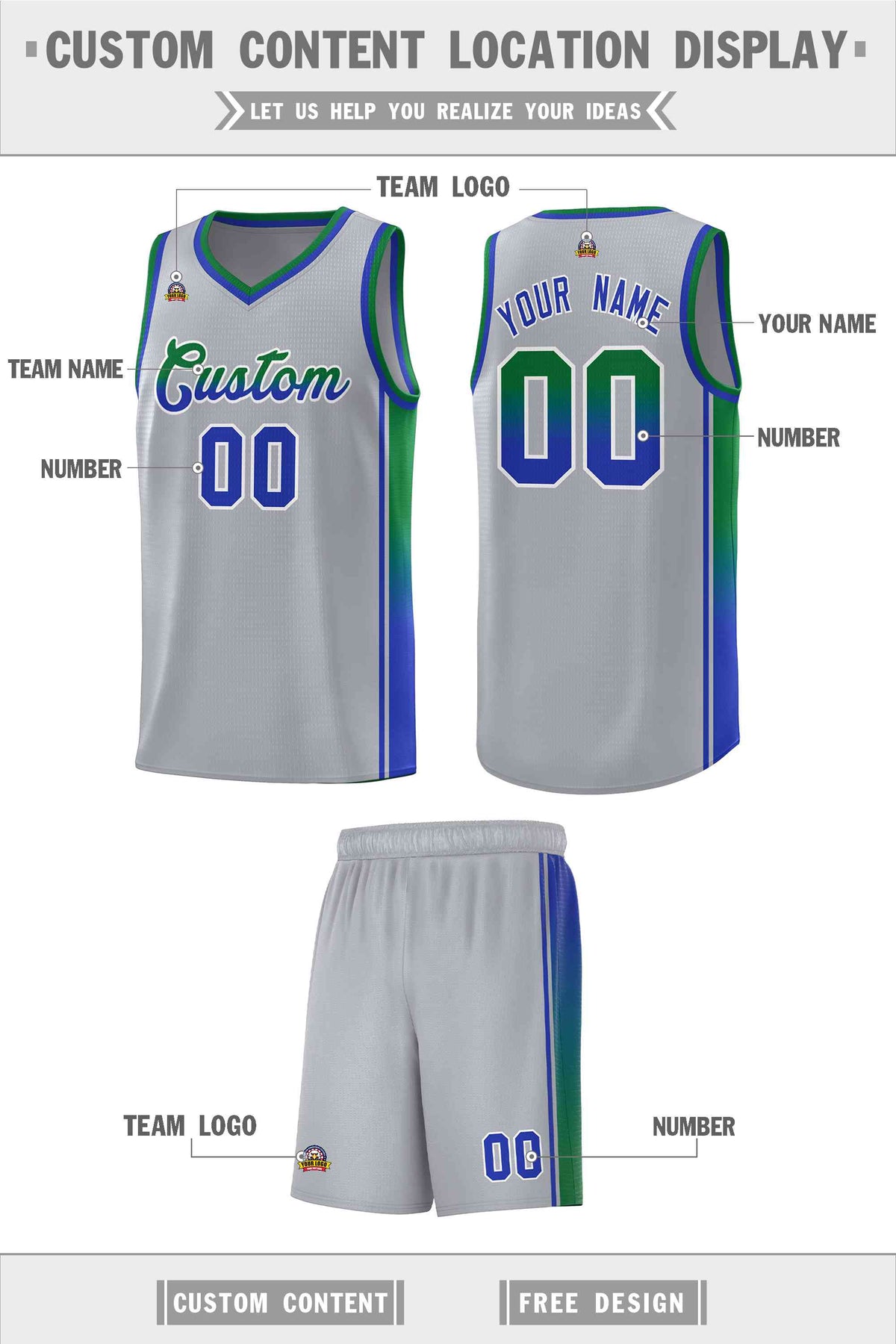 Custom Gray Kelly Green-Royal Gradient Fashion Sports Uniform Basketball Jersey Limited