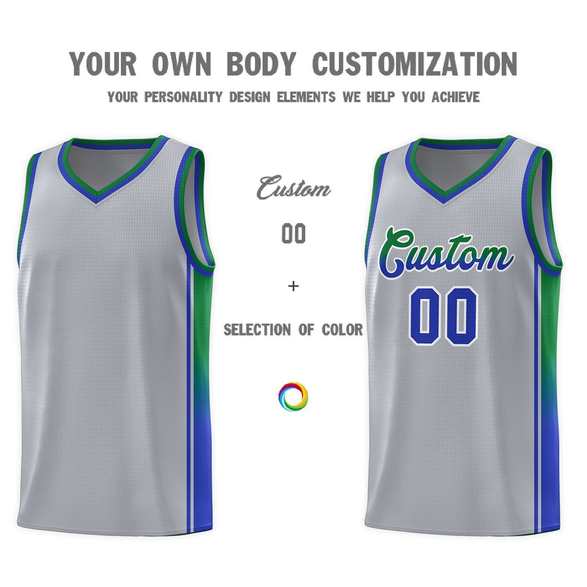 Custom Gray Kelly Green-Royal Gradient Fashion Sports Uniform Basketball Jersey Limited