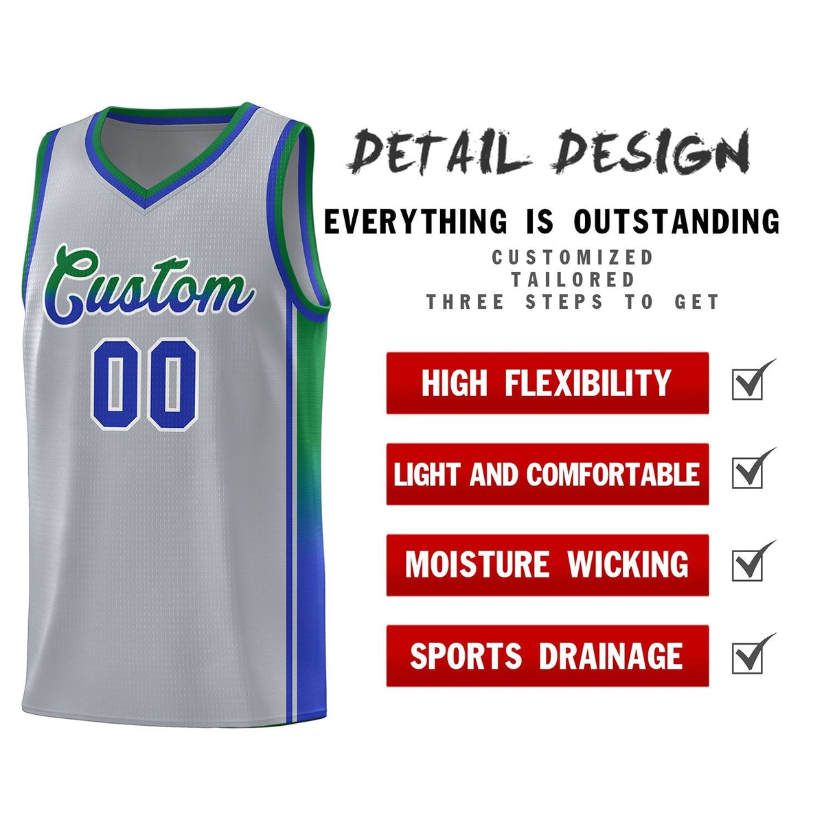 Custom Gray Kelly Green-Royal Gradient Fashion Sports Uniform Basketball Jersey Limited