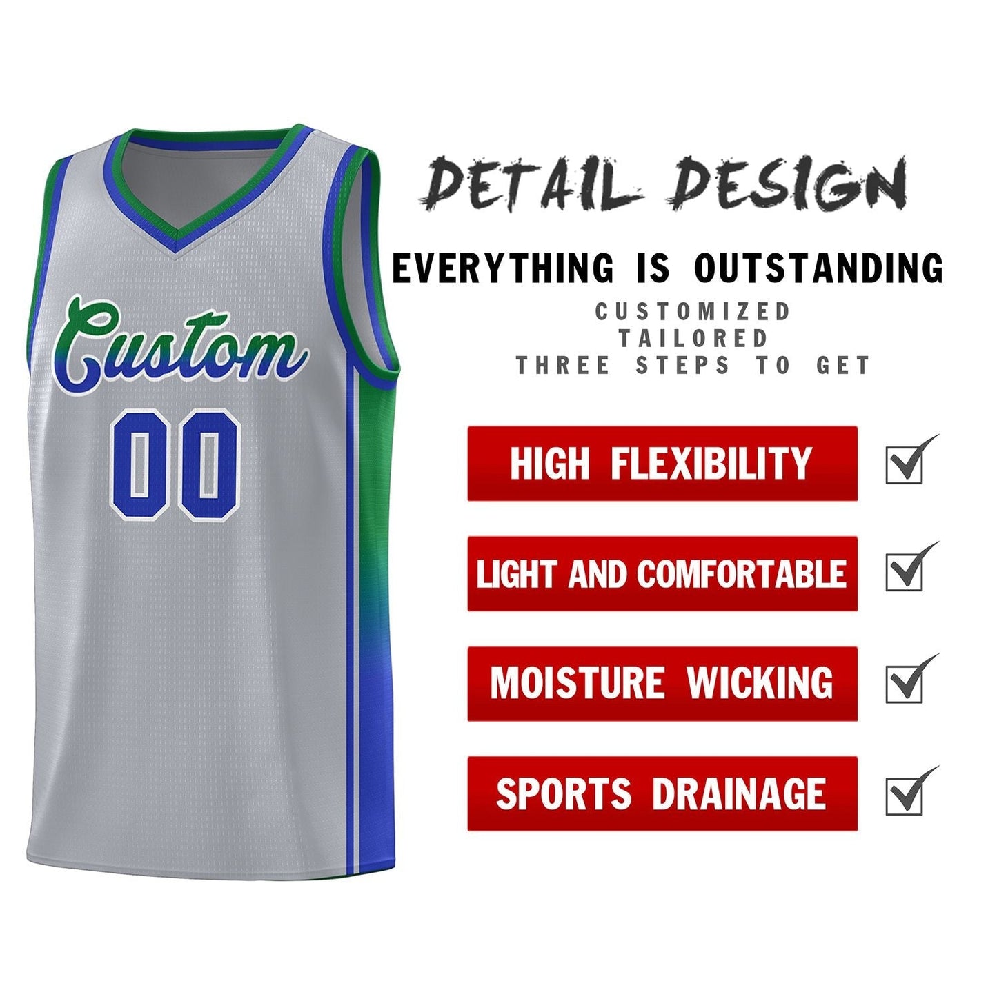 Custom Gray Kelly Green-Royal Gradient Fashion Sports Uniform Basketball Jersey Limited
