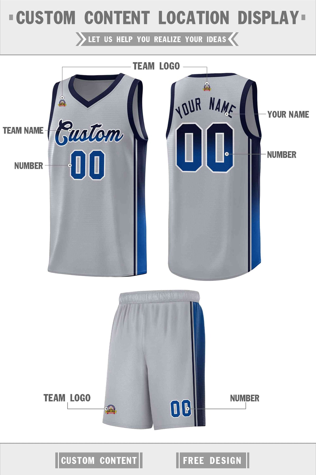 Custom Gray Navy-Royal Gradient Fashion Sports Uniform Basketball Jersey Limited