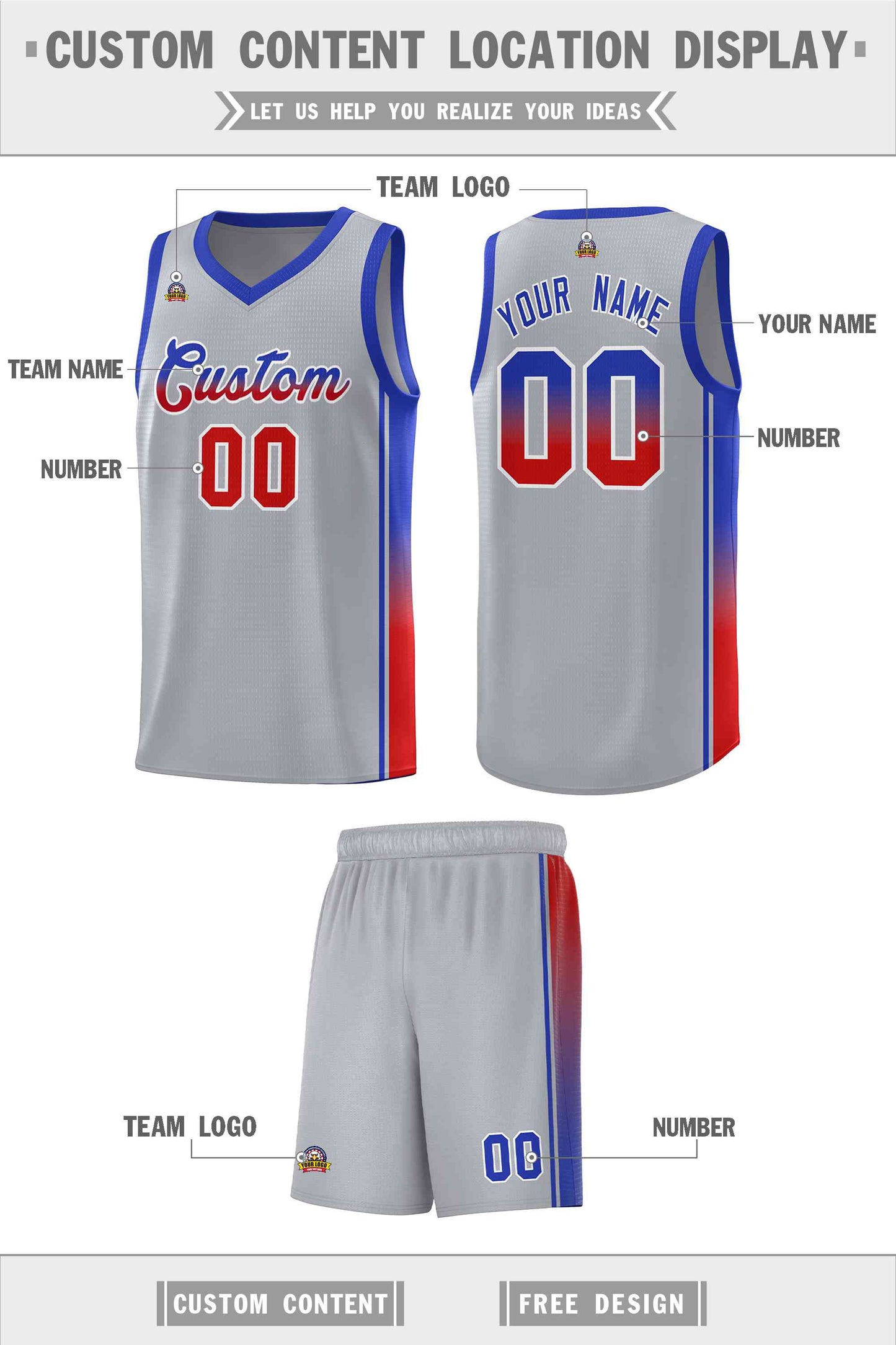 Custom Gray Red-Royal Gradient Fashion Sports Uniform Basketball Jersey Limited