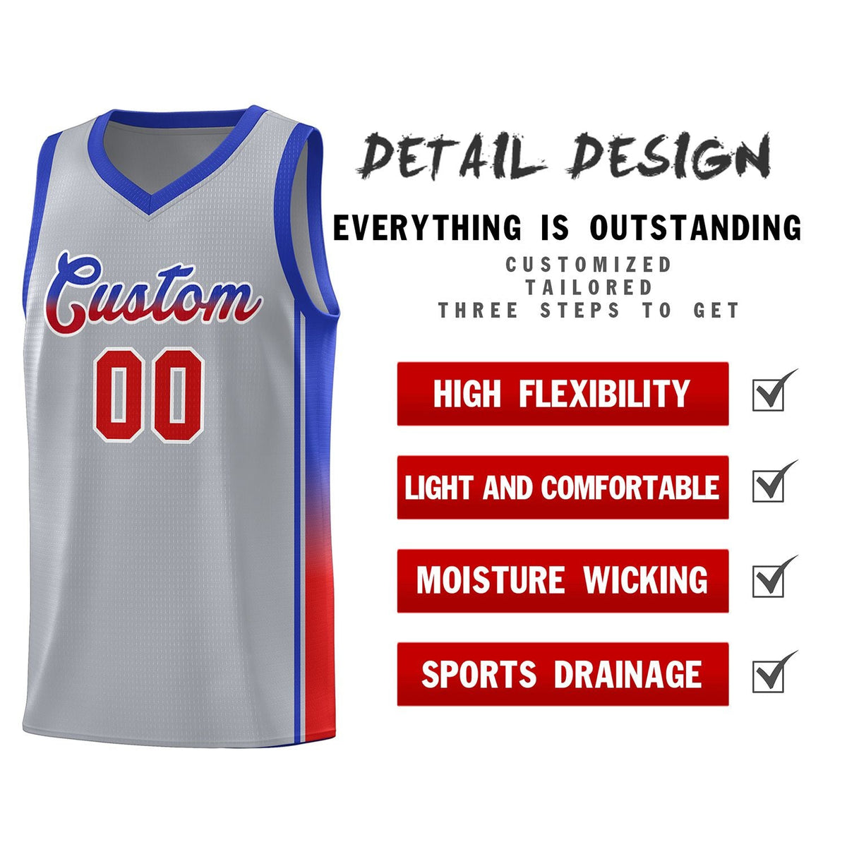 Custom Gray Red-Royal Gradient Fashion Sports Uniform Basketball Jersey Limited