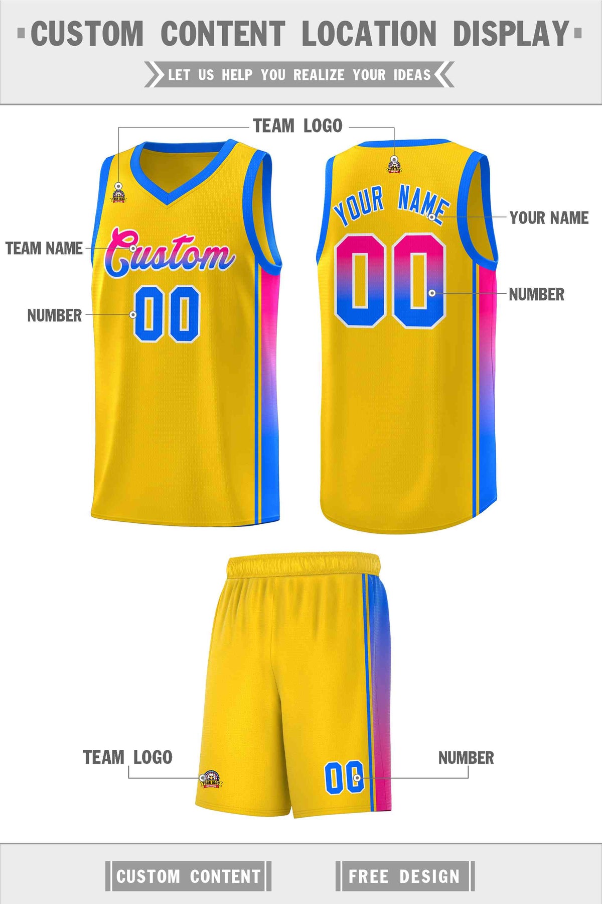 Custom Gold Light Blue-Pink Gradient Fashion Sports Uniform Basketball Jersey Limited