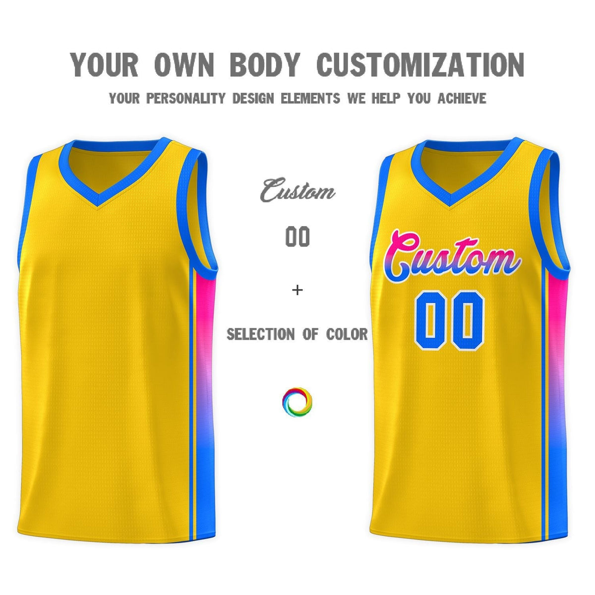 Custom Gold Light Blue-Pink Gradient Fashion Sports Uniform Basketball Jersey Limited