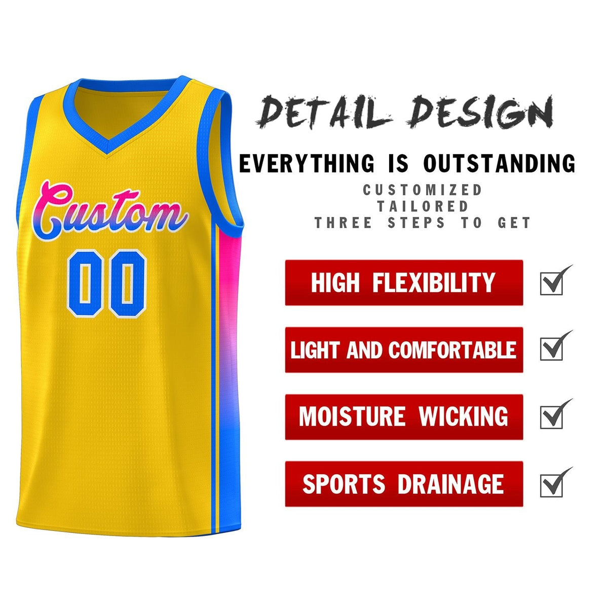 Custom Gold Light Blue-Pink Gradient Fashion Sports Uniform Basketball Jersey Limited