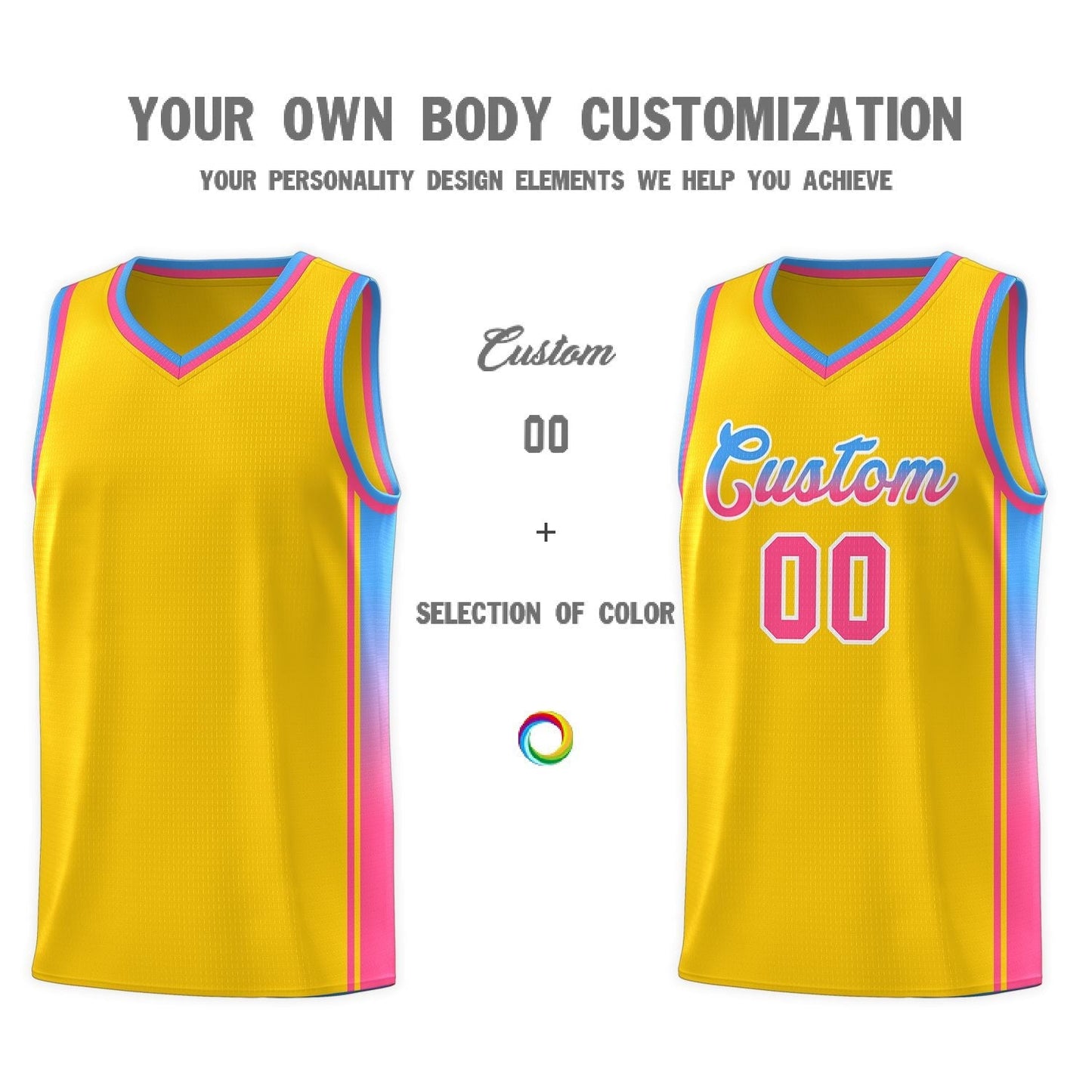 Custom Gold Light Blue-Pink Gradient Fashion Sports Uniform Basketball Jersey Limited