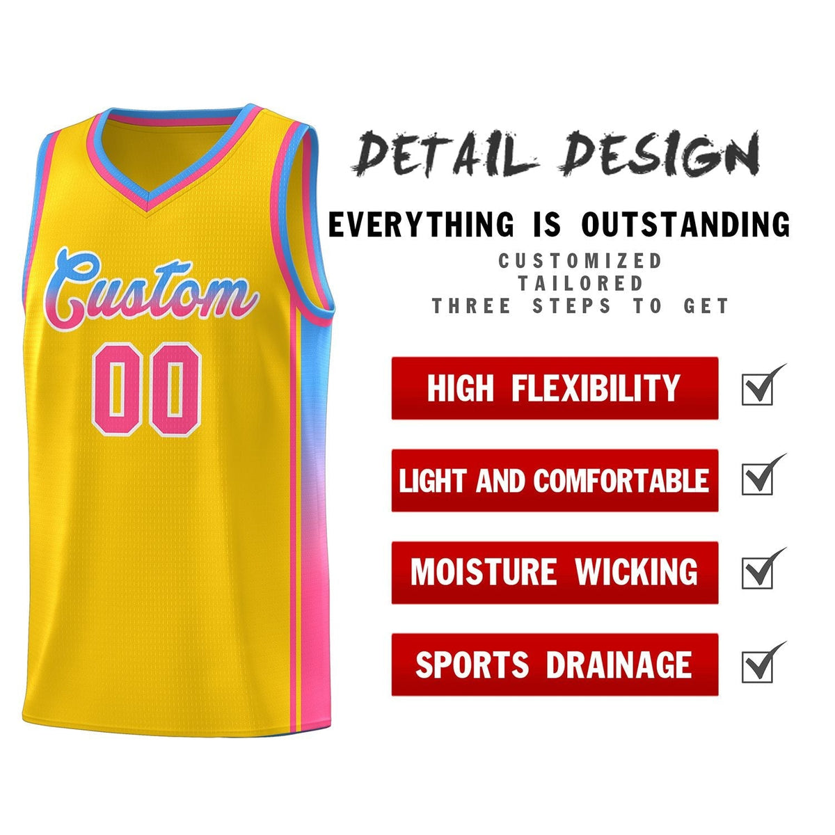 Custom Gold Light Blue-Pink Gradient Fashion Sports Uniform Basketball Jersey Limited