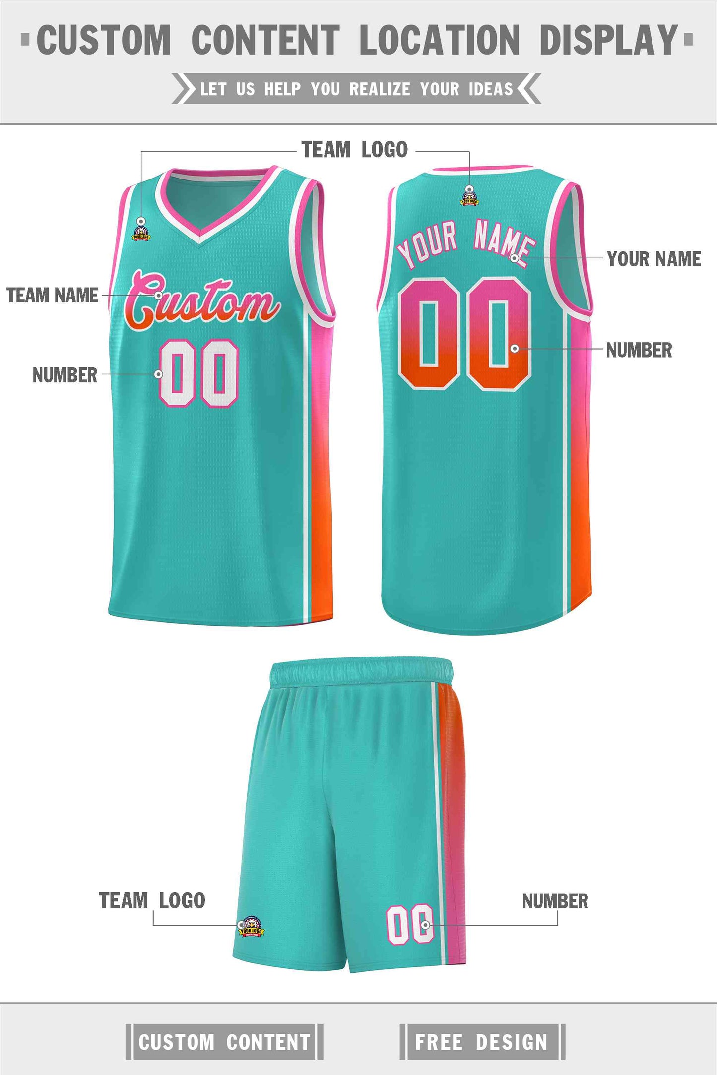Custom Aqua Pink-Orange Gradient Fashion Sports Uniform Basketball Jersey Limited