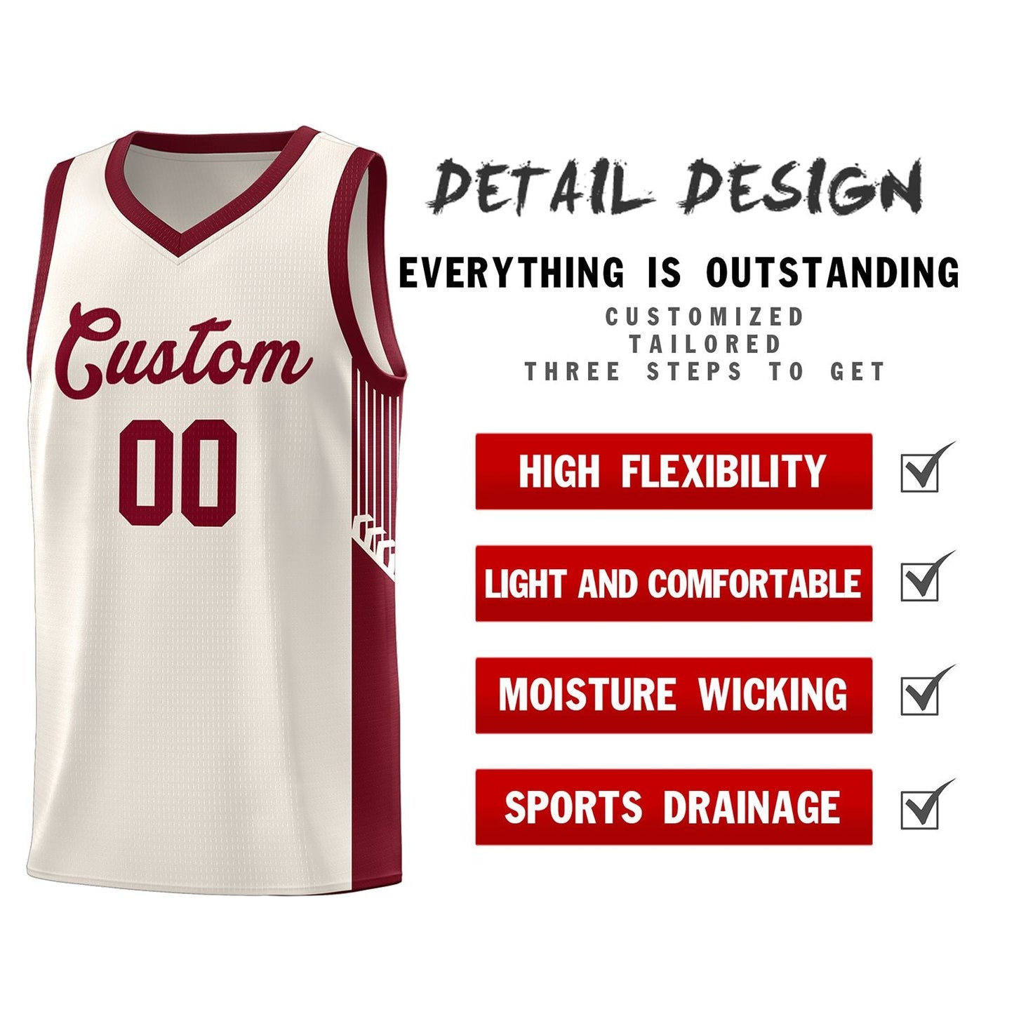Custom Khaki Crimson Side Stripe Fashion Sports Uniform Basketball Jersey Limited