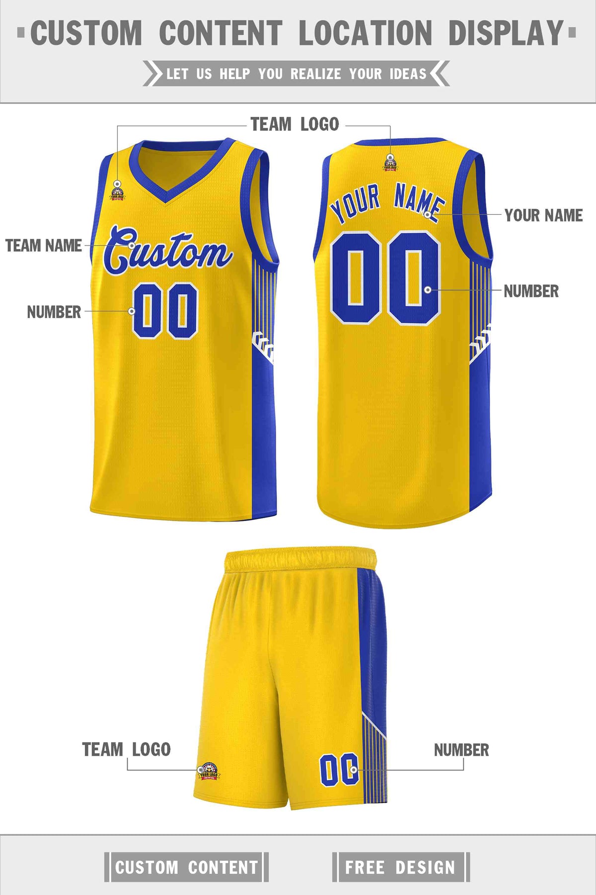 Custom Gold Royal-White Side Stripe Fashion Sports Uniform Basketball Jersey Limited