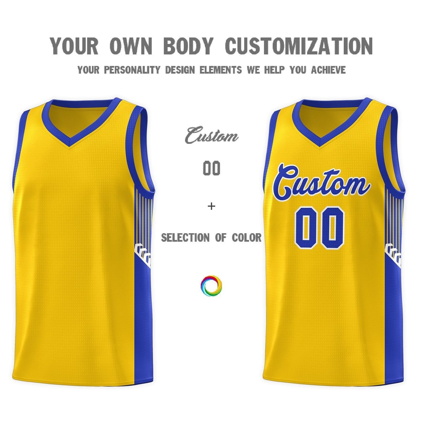 Custom Gold Royal-White Side Stripe Fashion Sports Uniform Basketball Jersey Limited