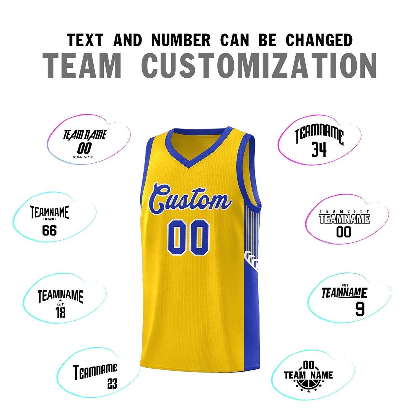 Custom Gold Royal-White Side Stripe Fashion Sports Uniform Basketball Jersey Limited