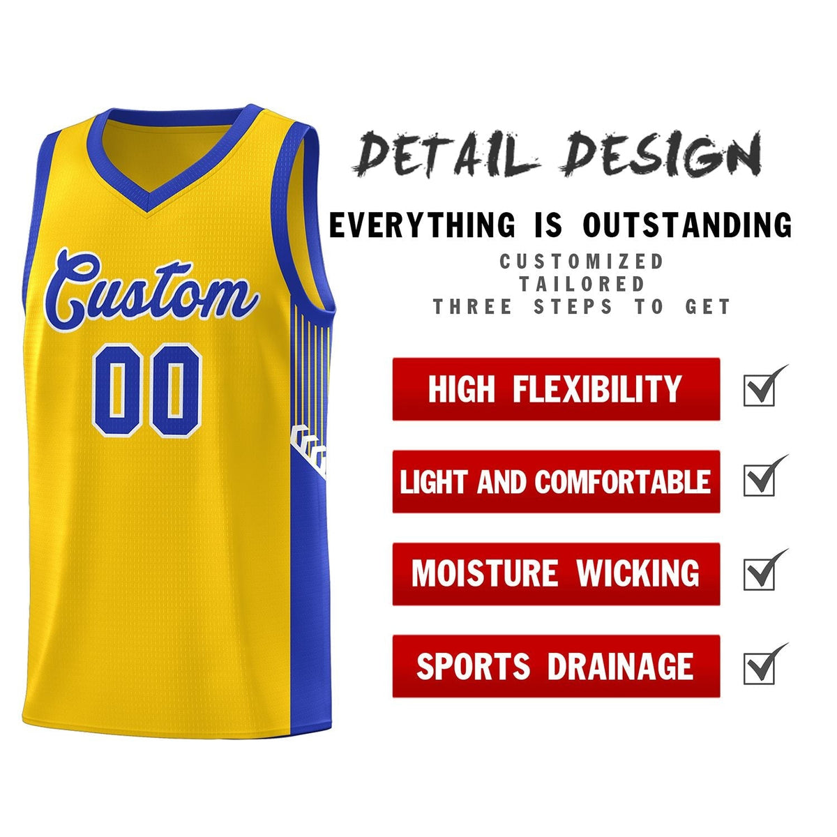 Custom Gold Royal-White Side Stripe Fashion Sports Uniform Basketball Jersey Limited