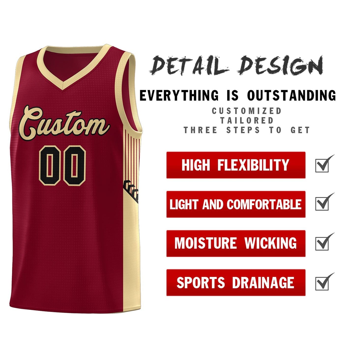 Custom Crimson Khaki-Black Side Stripe Fashion Sports Uniform Basketball Jersey Limited