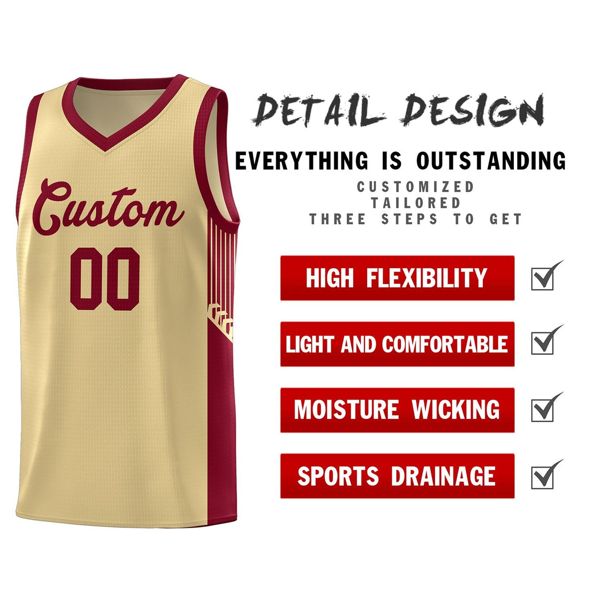 Custom Khaki Crimson Side Stripe Fashion Sports Uniform Basketball Jersey Limited
