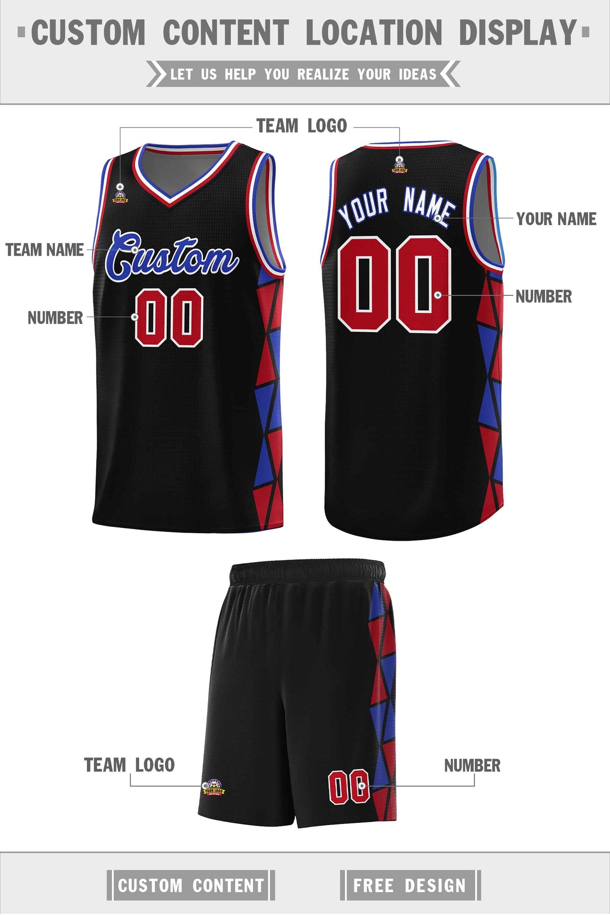 Custom Black Royal-Red Side Two-Color Triangle Splicing Sports Uniform Basketball Jersey Limited