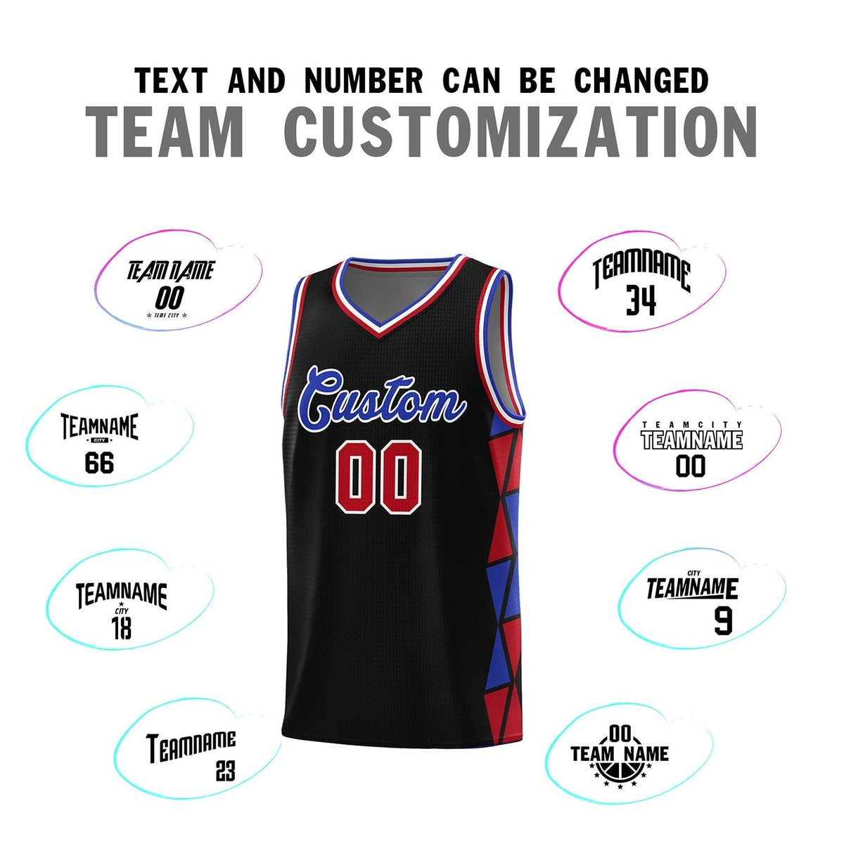 Custom Black Royal-Red Side Two-Color Triangle Splicing Sports Uniform Basketball Jersey Limited
